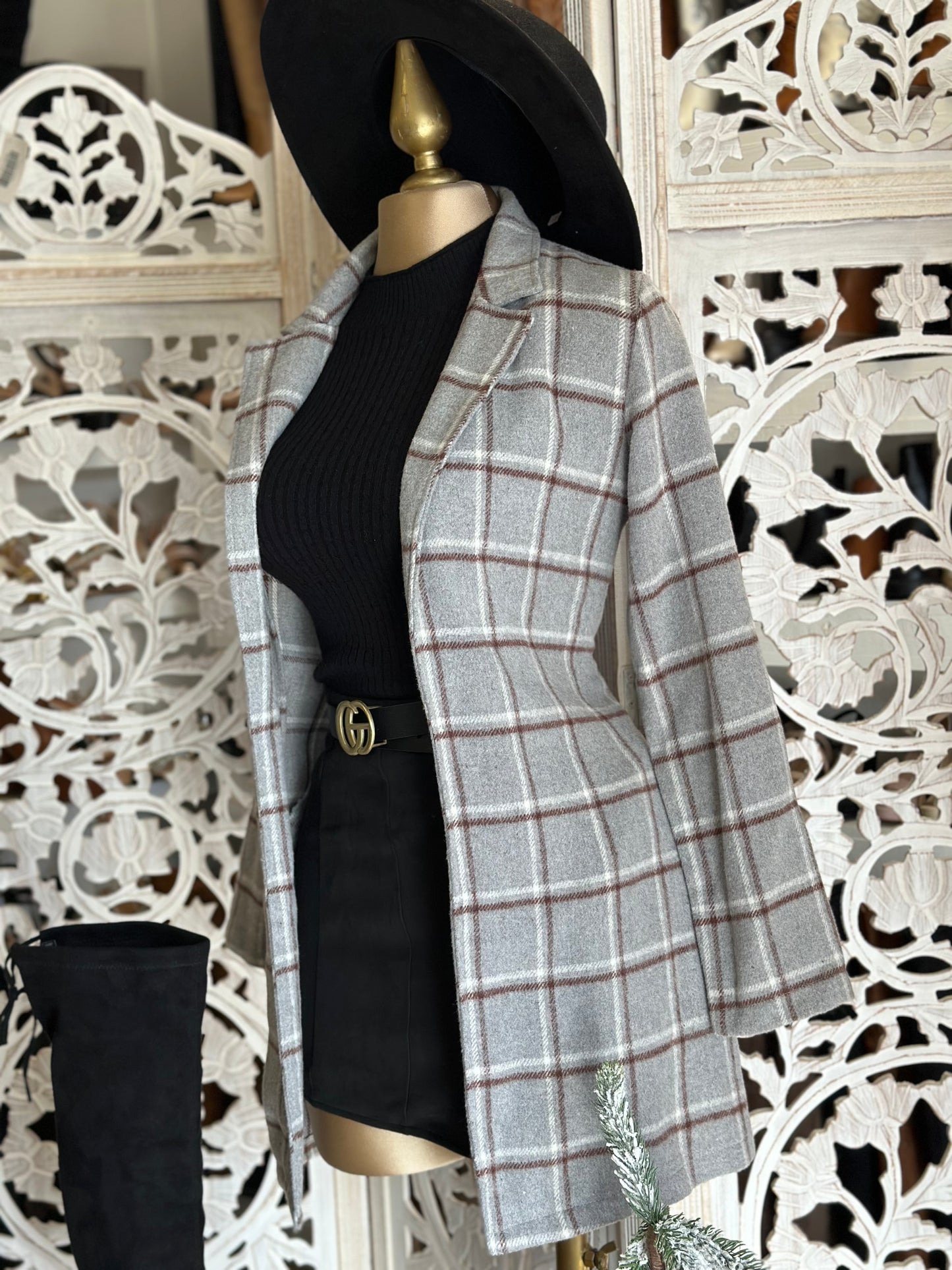 Gray Plaid Blazer Coat