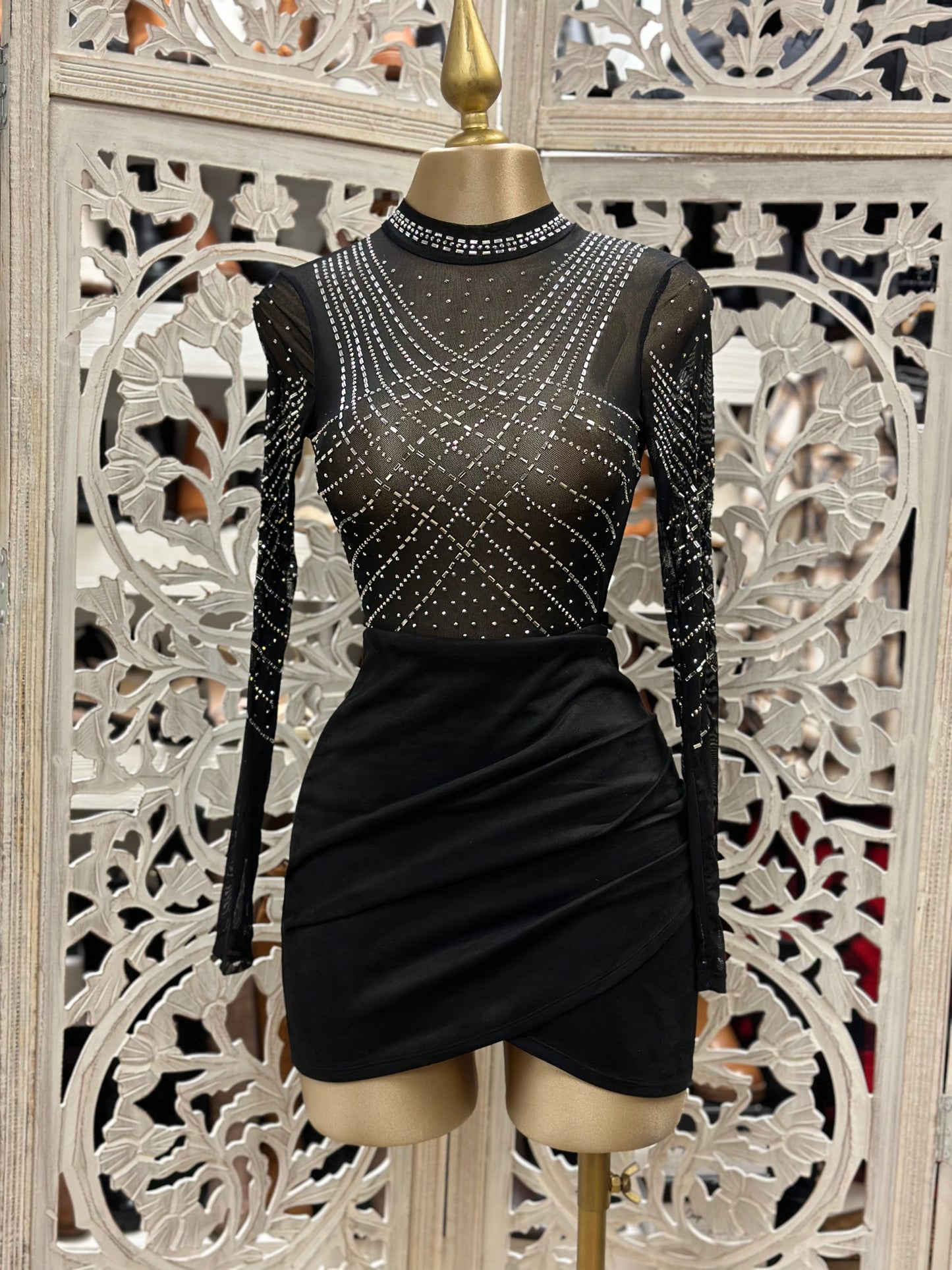 Mesh Rihinestone Pattern Bodysuit