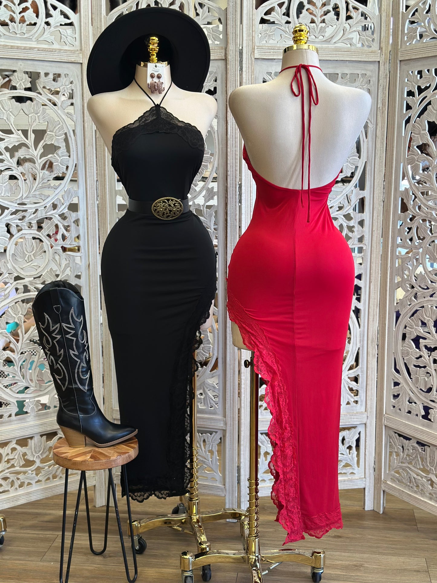 Lace Lined Halter Midi Dress- Stretchy