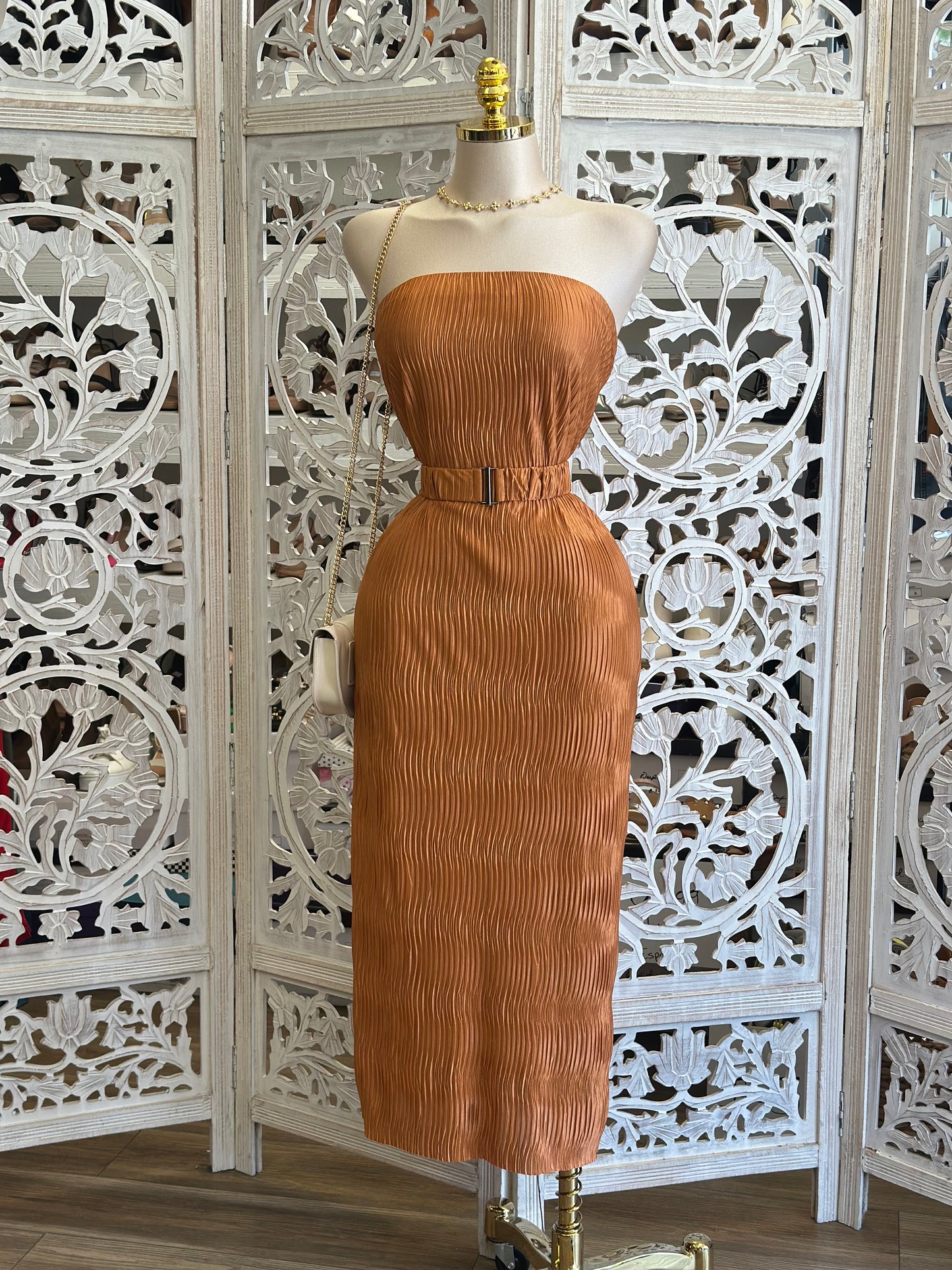 Brick Pleated Midi Dress- Stretchy, Estira