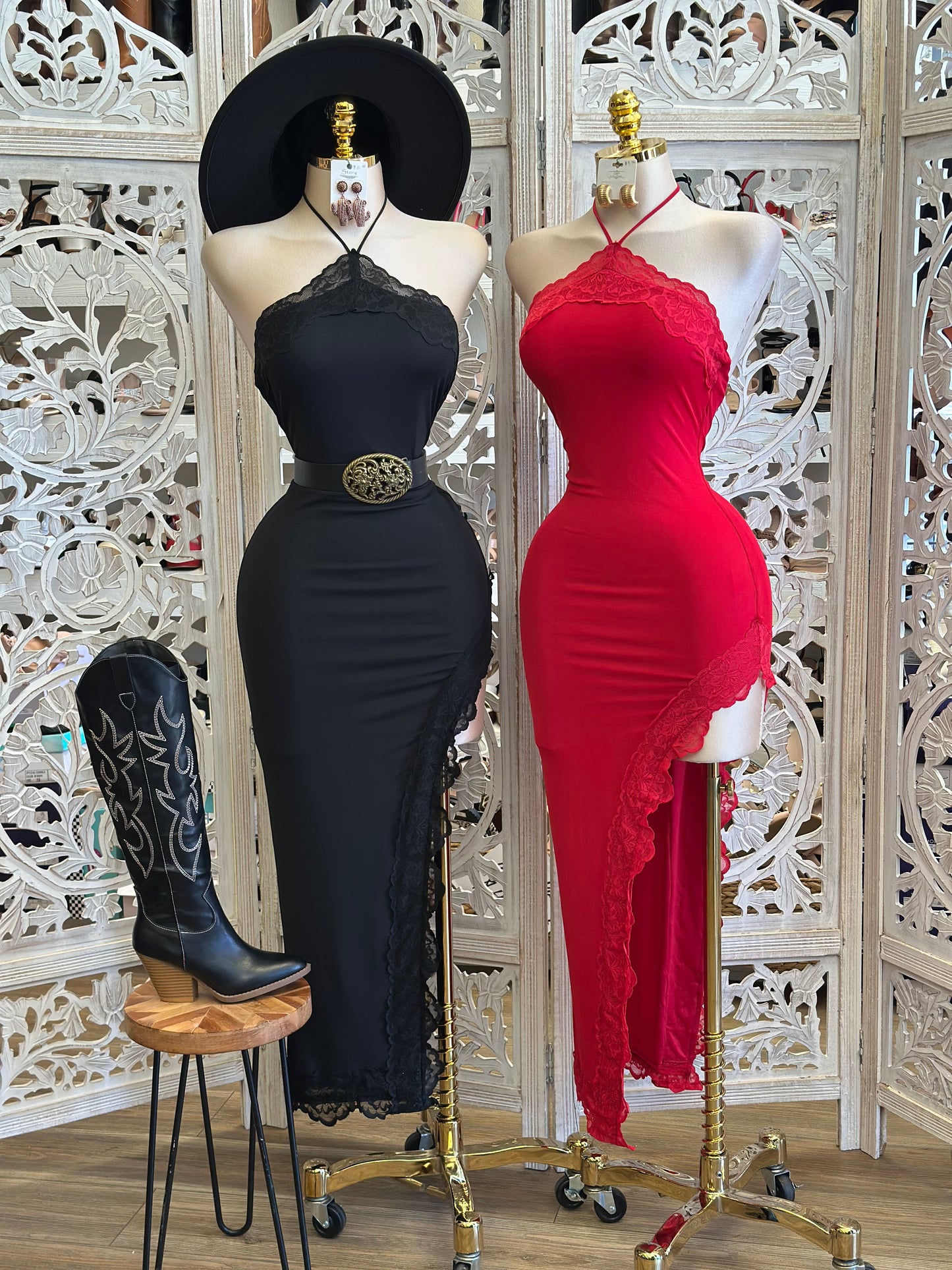 Lace Lined Halter Midi Dress- Stretchy