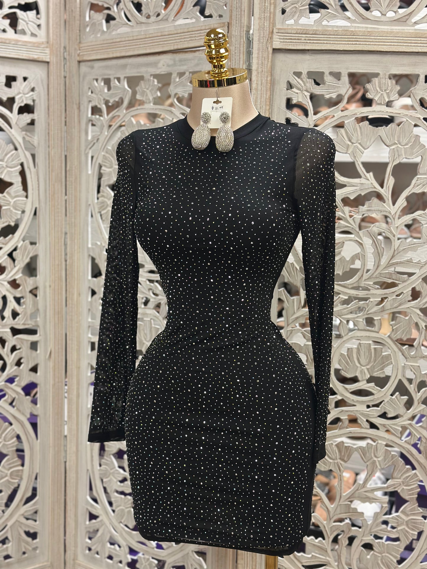 Black Rhinestone Mesh Mini Dress- Slightly Stretchy,Estira Poco