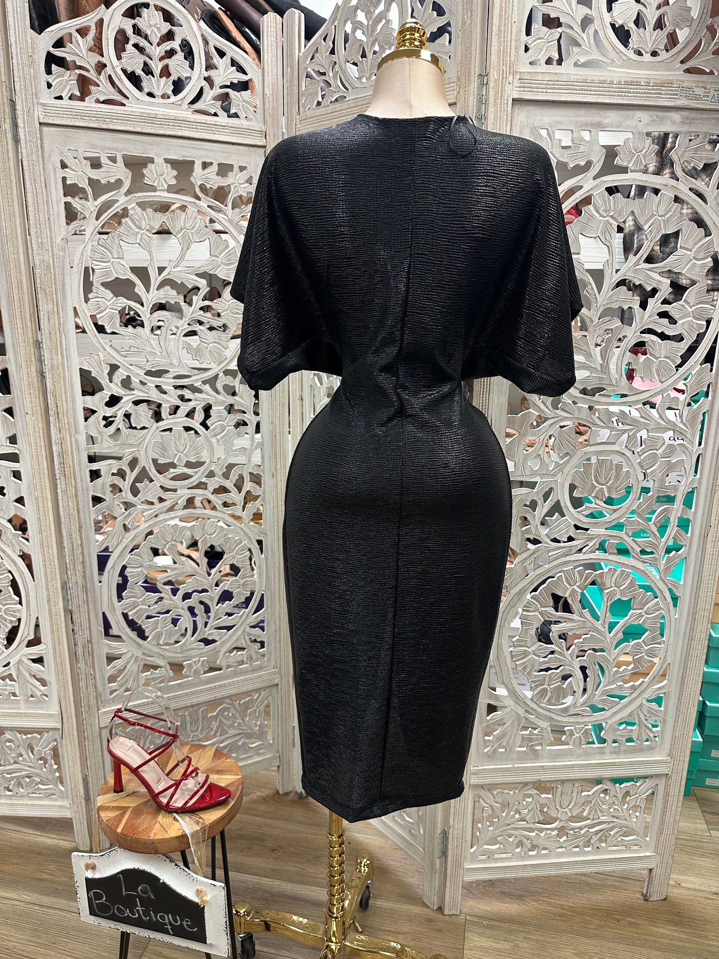 Black Metallic Knit Knotted Midi Dress- Stretchy,Estira