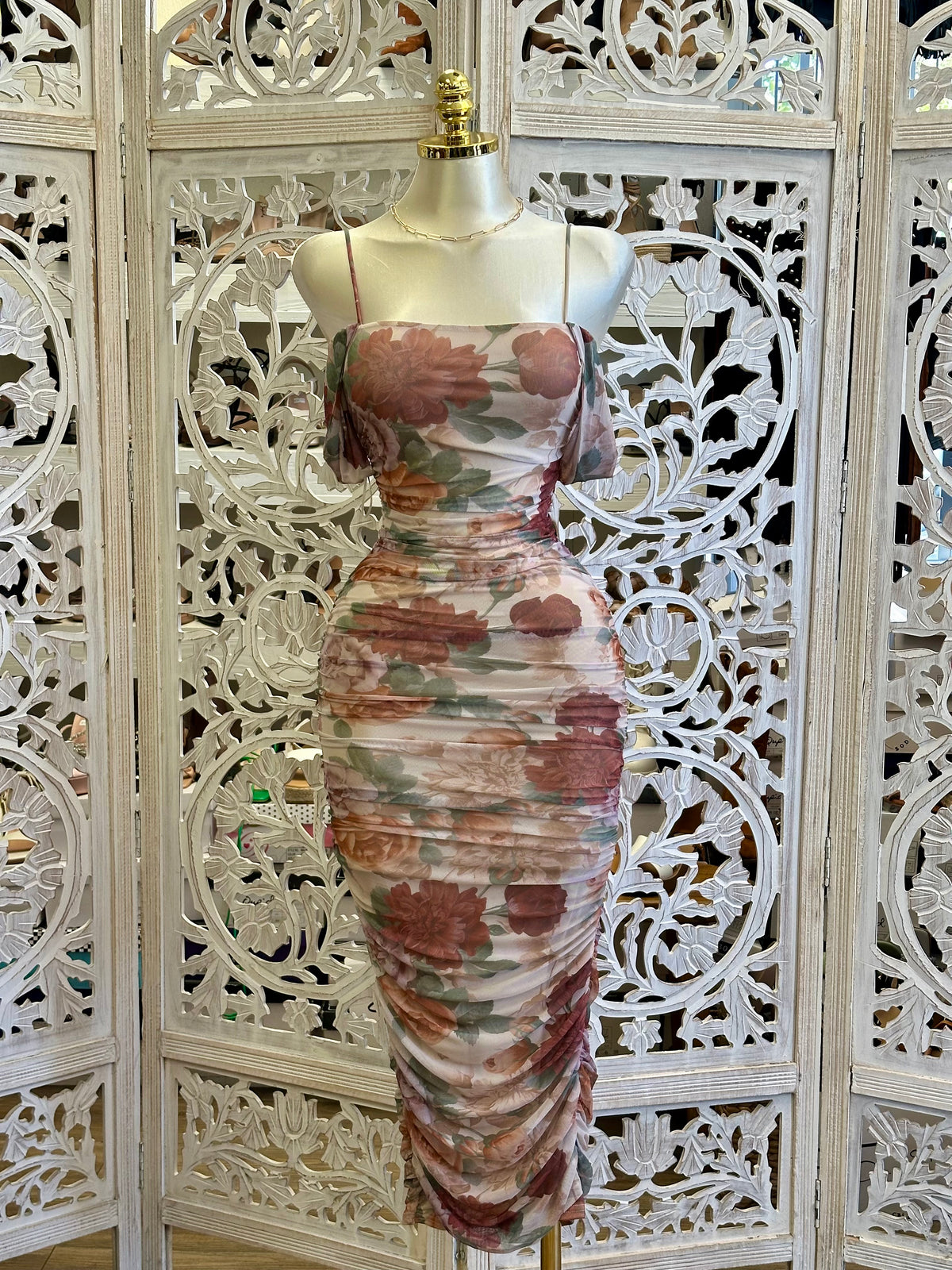 Desert Dahlia Ruched Mesh Midi Dress - Stretchy, Estira