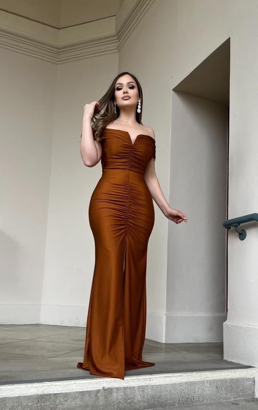 Rust Heartline Ruched Gown- Slightly Stretchy, Estira