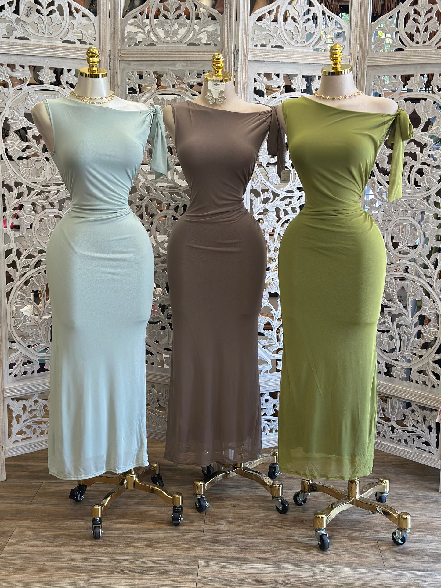 Knotted Mesh Midi Dress- Stretchy, Estira