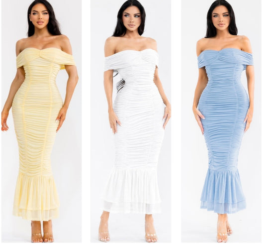 Off Shoulder Ruched Trim Dress- Estira, Stretchy