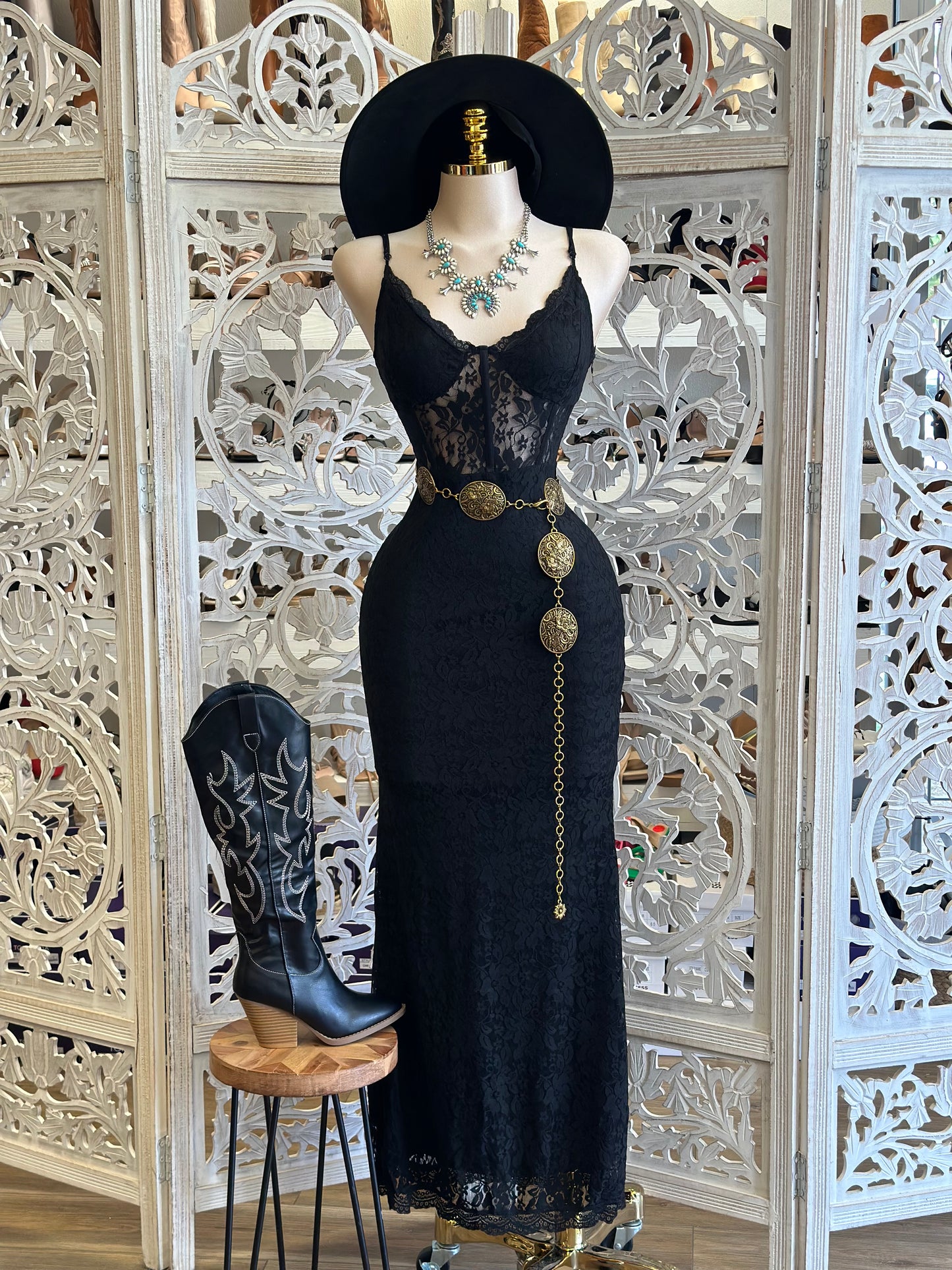 Black Lace Maxi Dress- Stretchy, Estira