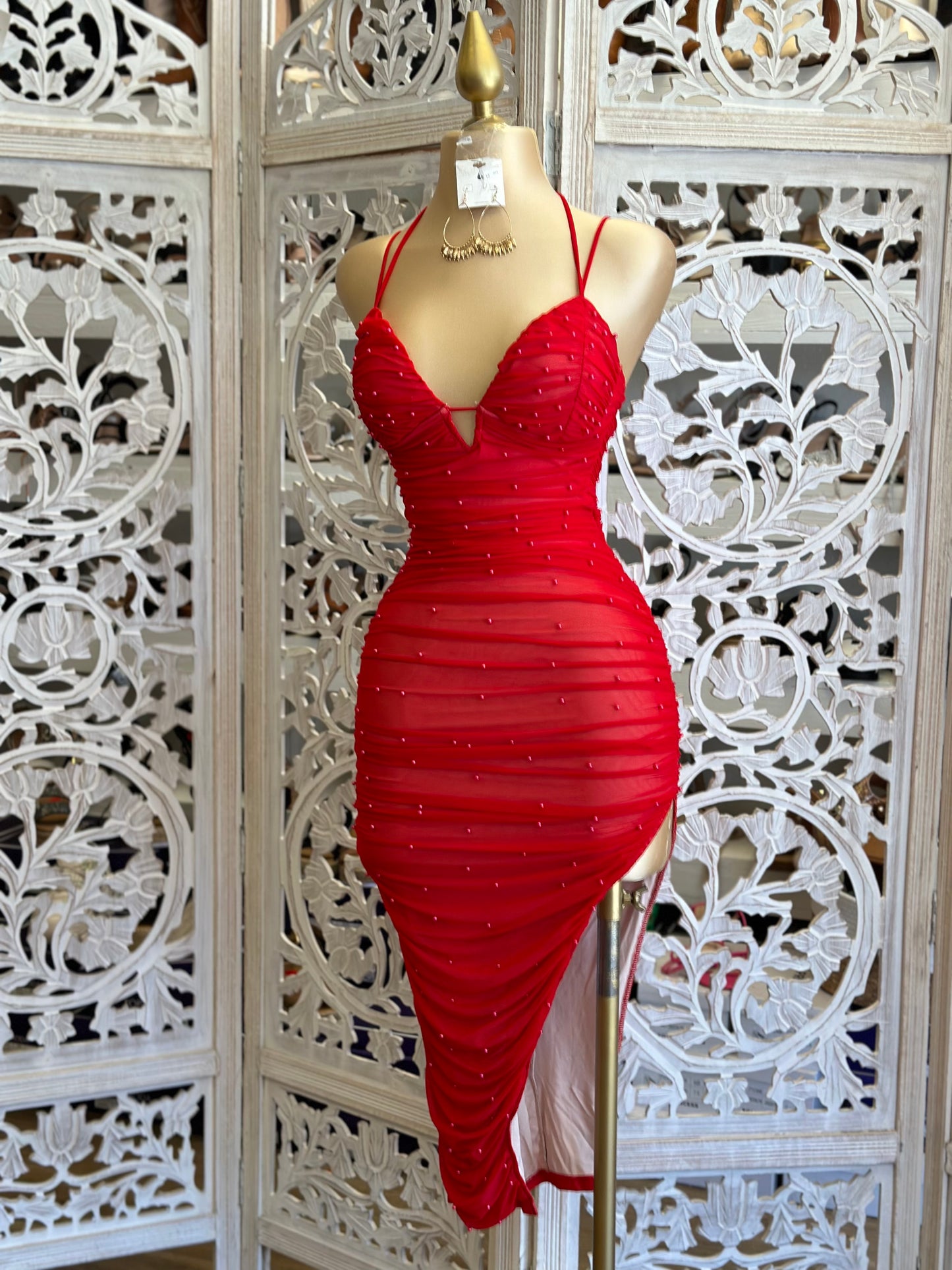 Red Pearl Mesh Midi Dress- Stretchy, Estira