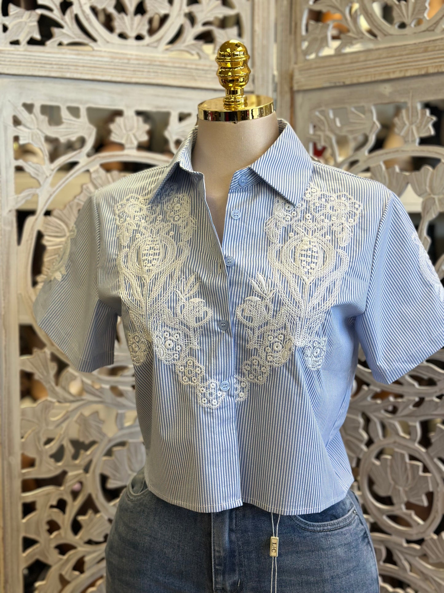 Striped Lace Button Blouse- Estira, Stretchy