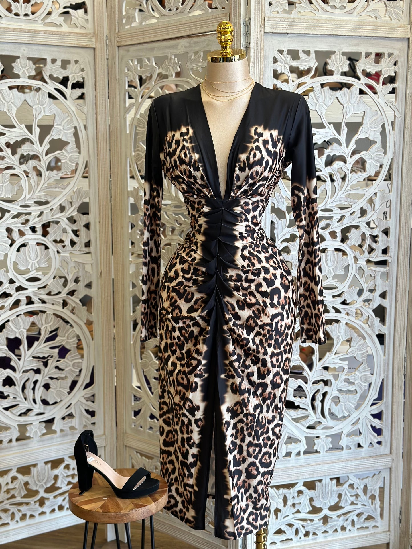 Deep V Leopard Print Dress - Estira, Stretchy