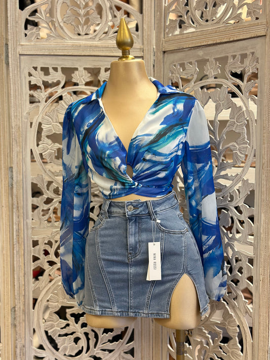 Pattern Blue Knotted Blouse