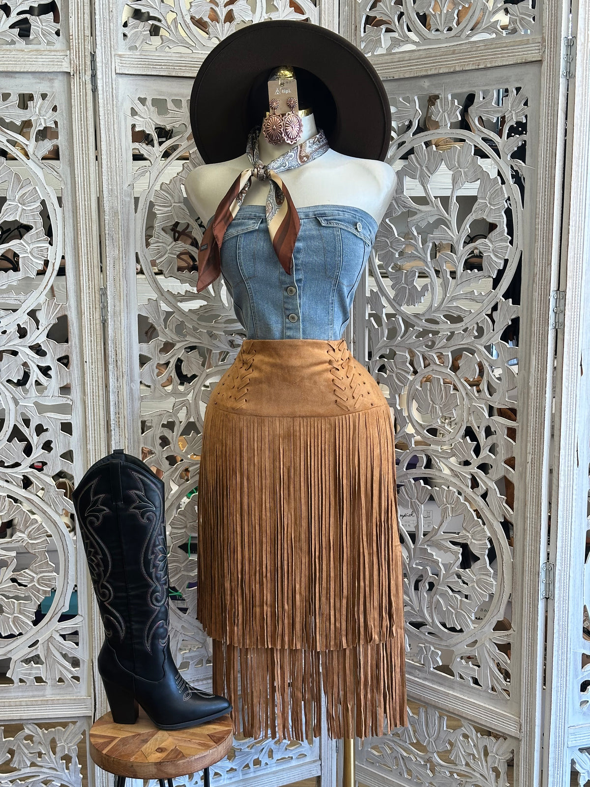 Brown Desert Darling Fringe Skirt - Estira, Stretchy