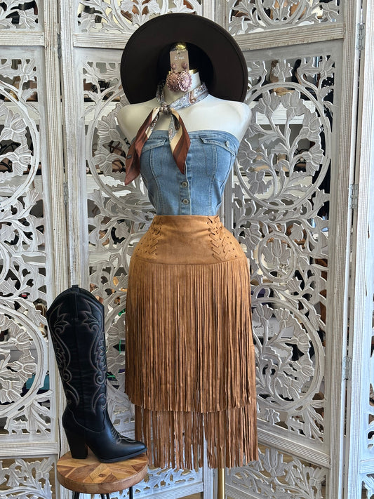 Brown Desert Darling Fringe Skirt - Estira, Stretchy