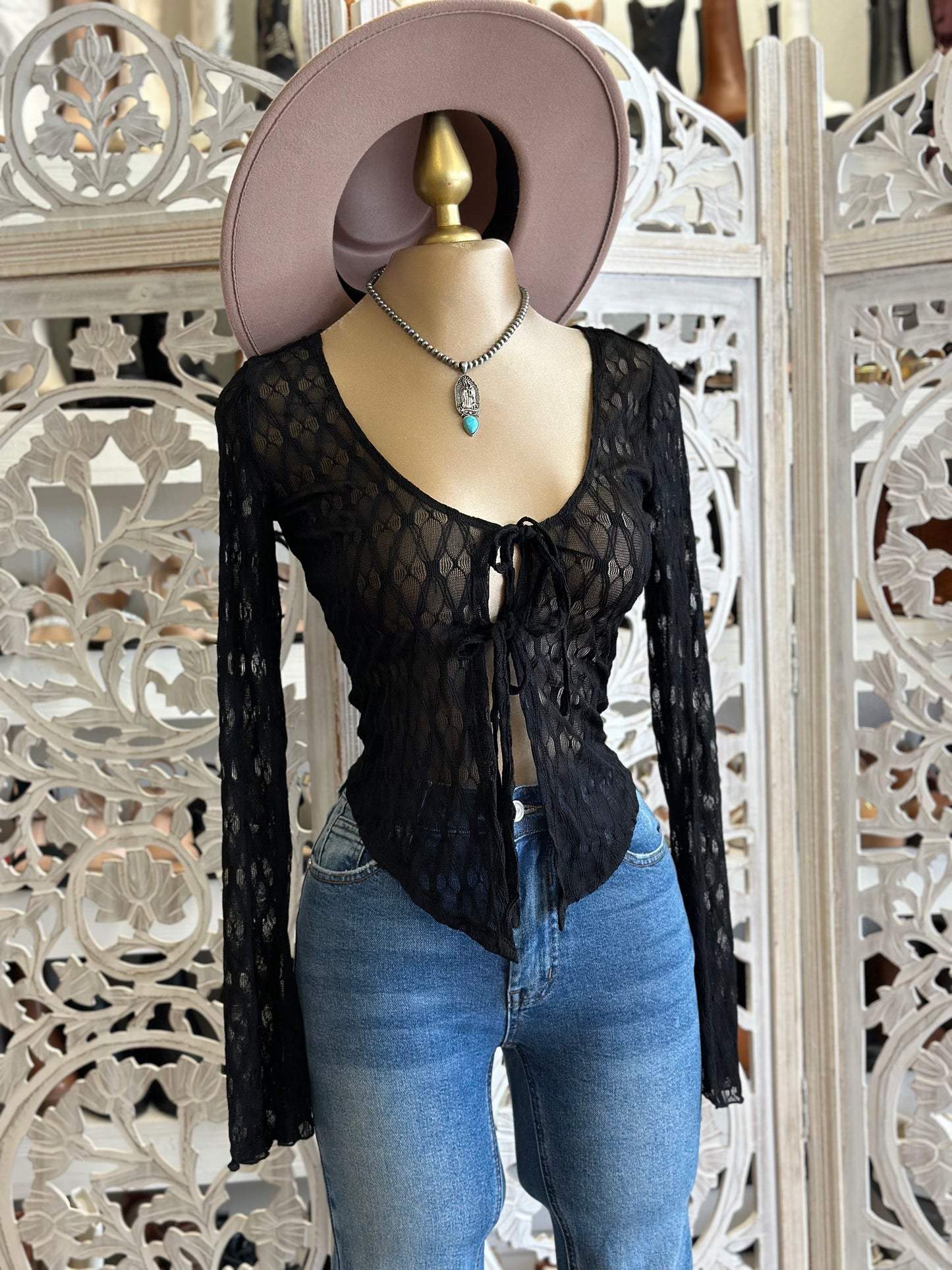 Black Tie Front Textured Top- Stretchy