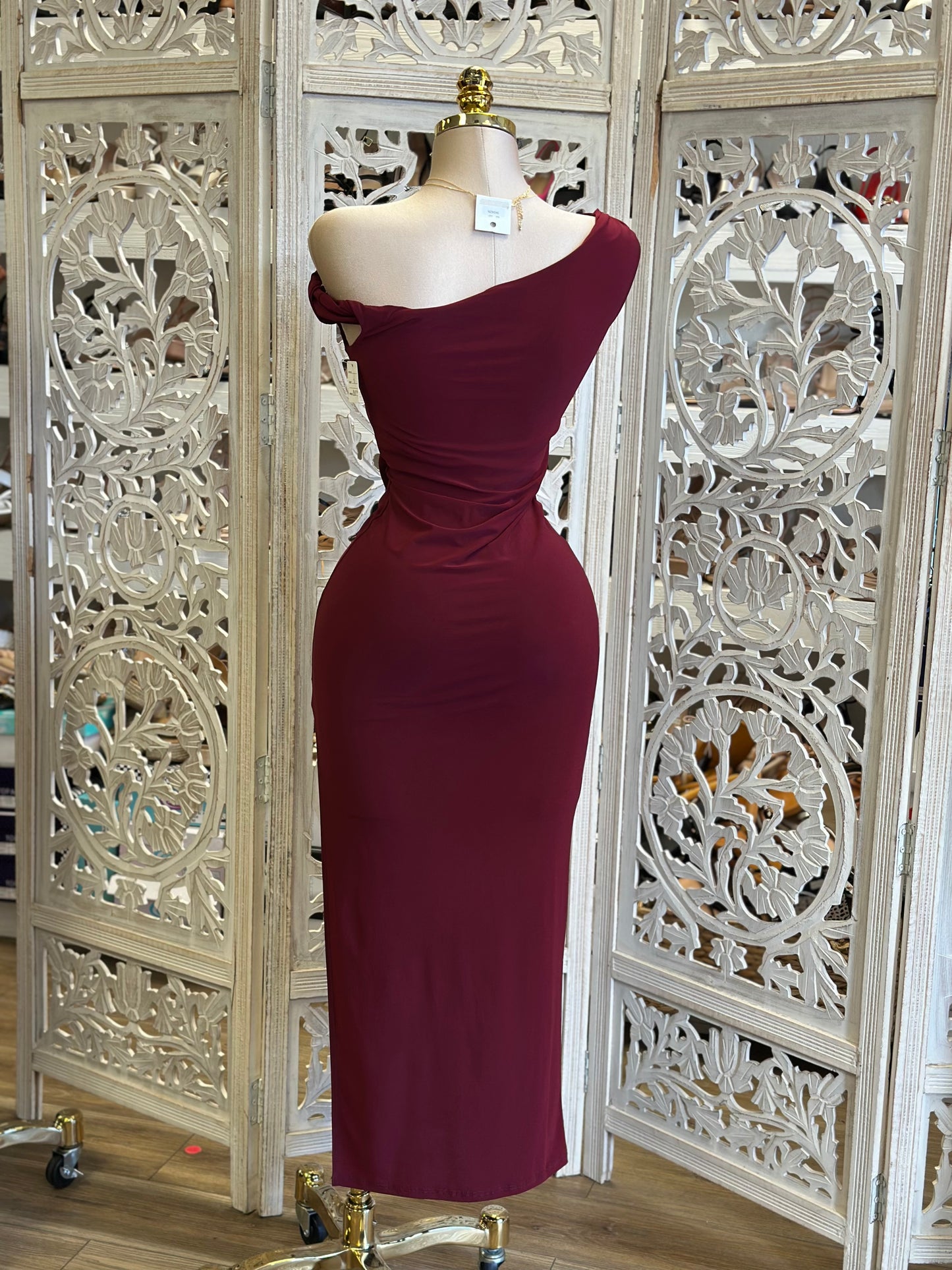Burgundy Asymmetrical Knotted Dress -  Estira, Stretchy
