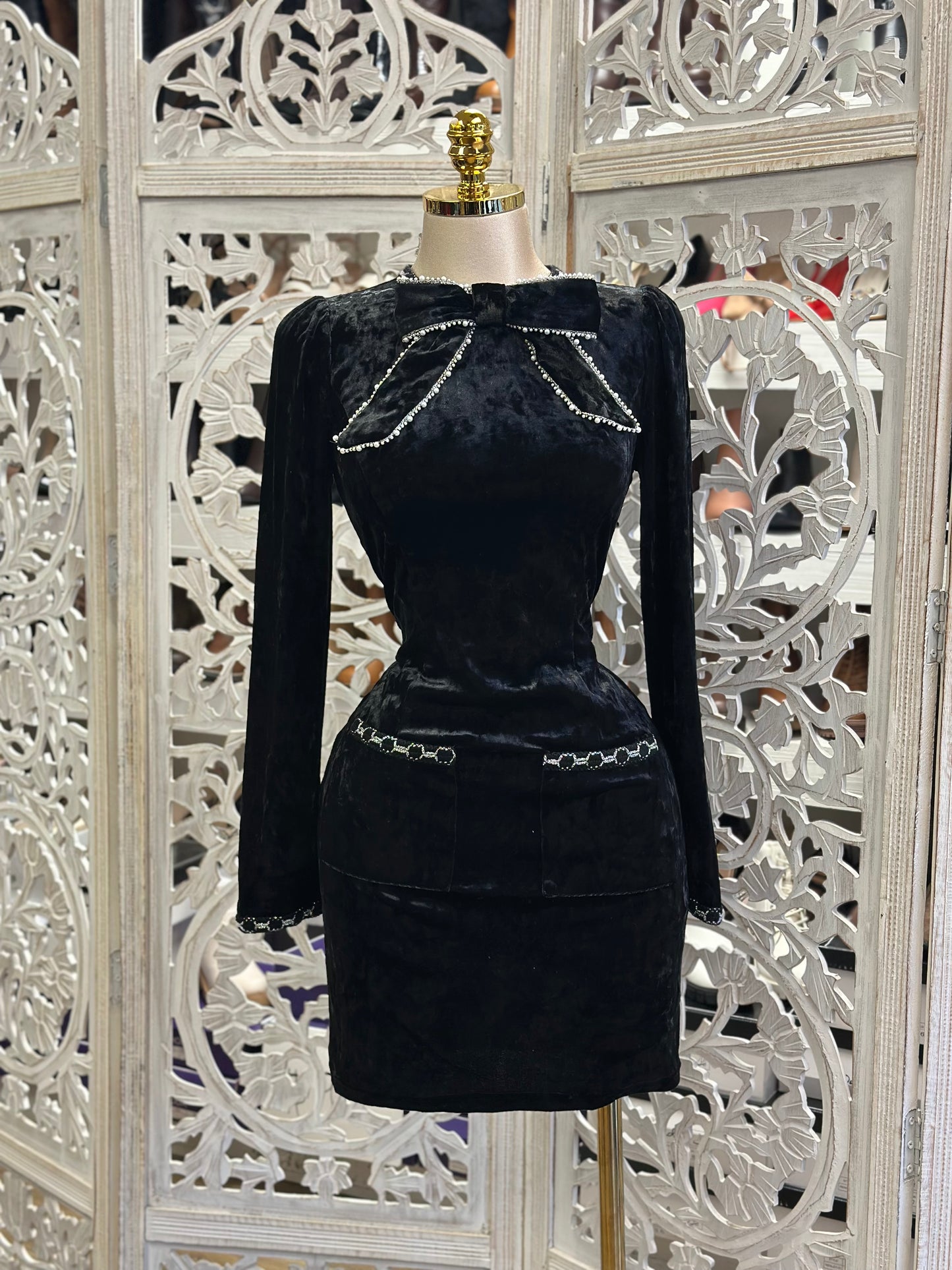 Velvet Bow Embellished Night Dress- Stretchy,Estira