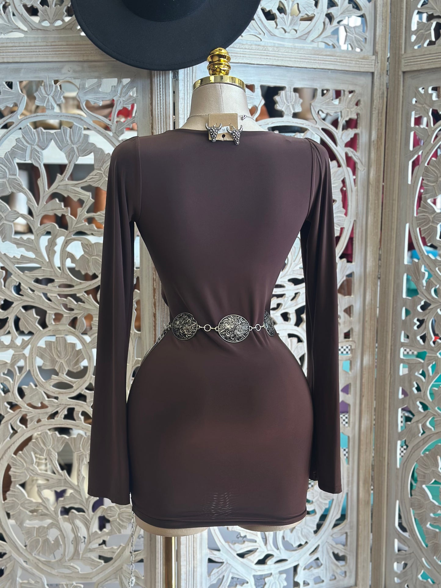 Deep Cowl Neck Mini Brown Dress-Stretchy, Estira