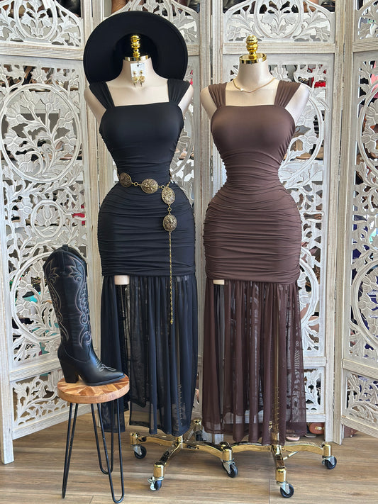 Square Neck Sheer Bottom Dress - Estira, Stretchy