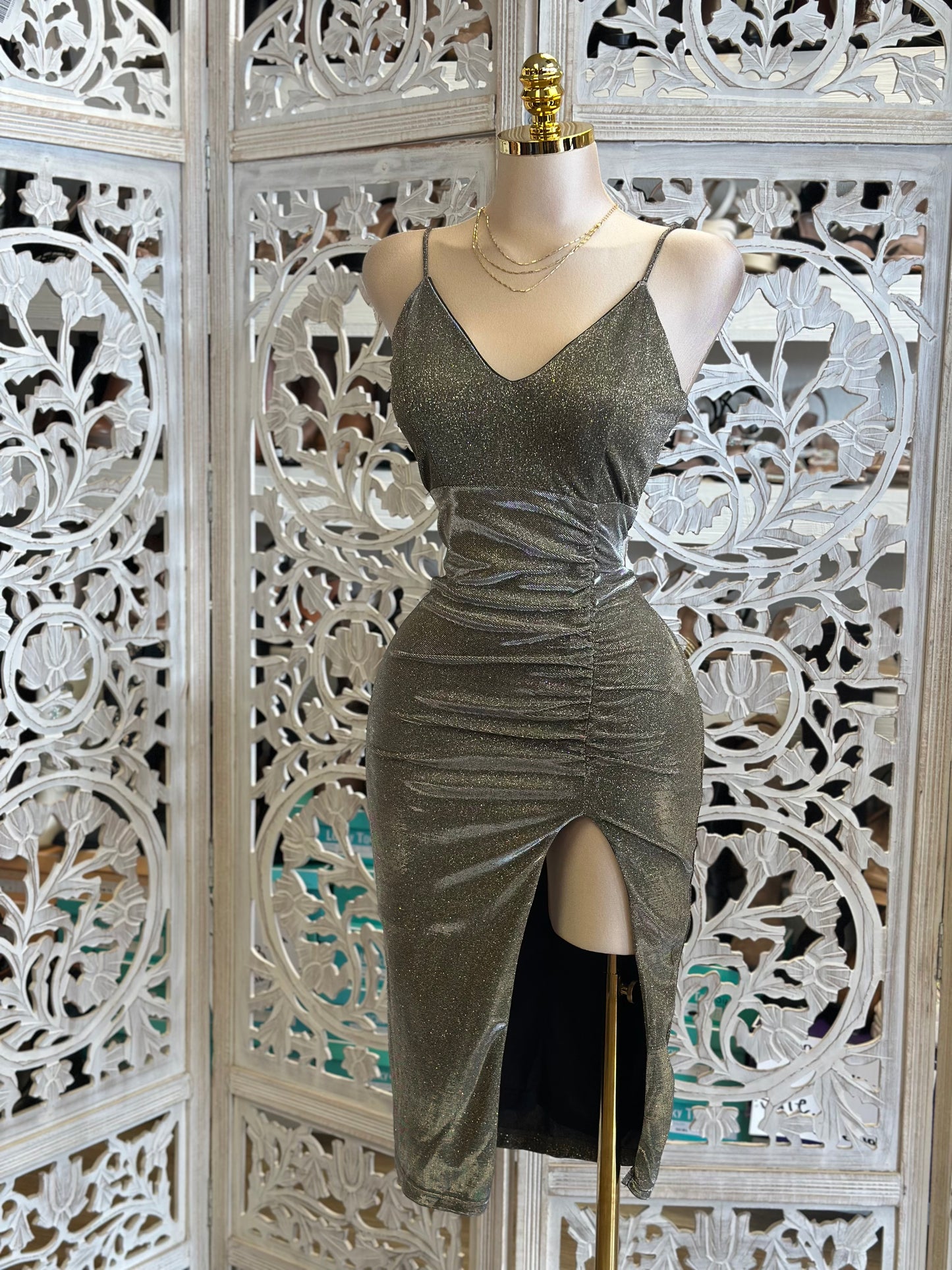 Glitter Silver Cami Slit Dress- Stretchy,Estira