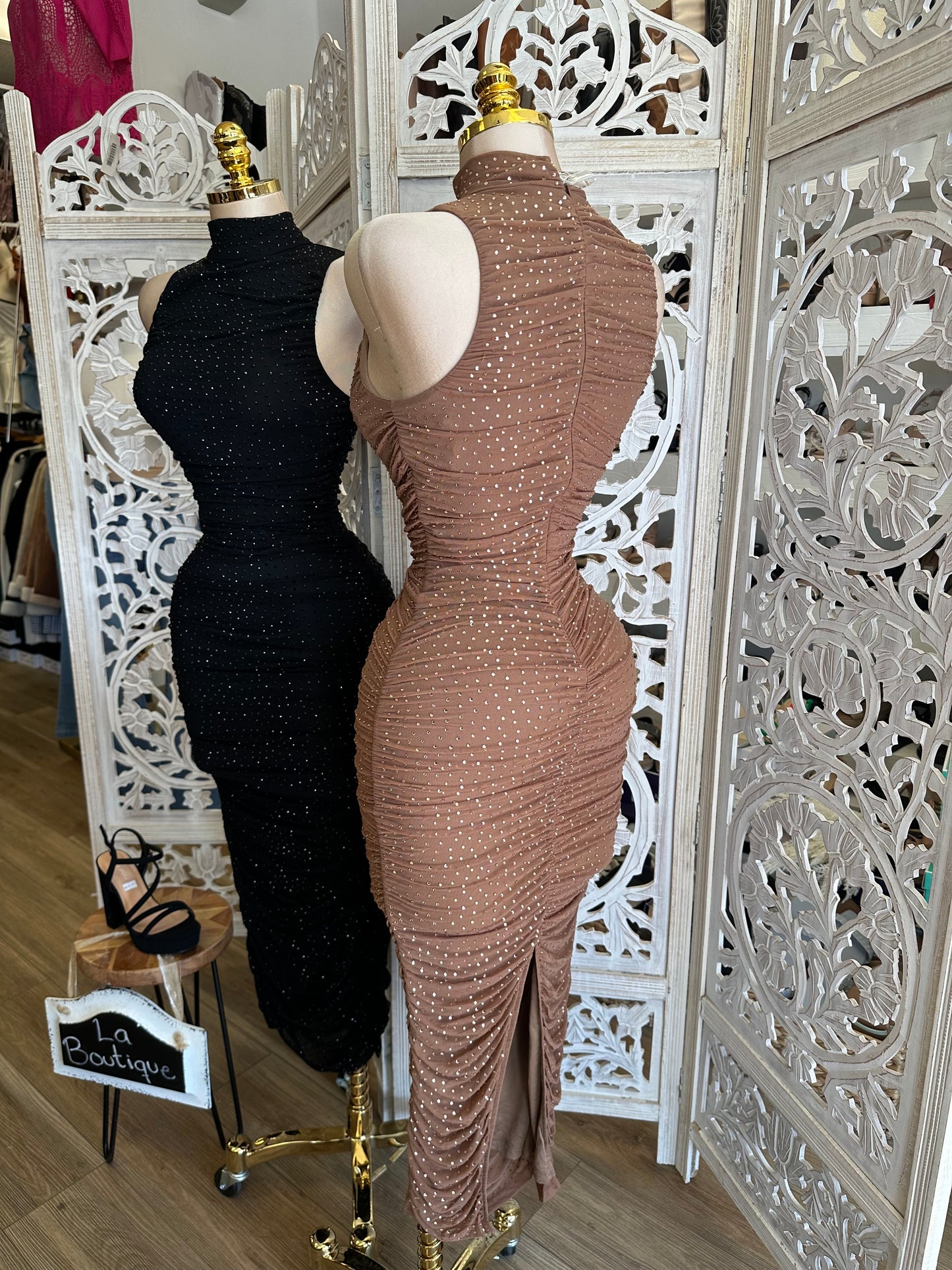 Mock Neck Rhinestone Ruched Dress- Stretchy,Estira