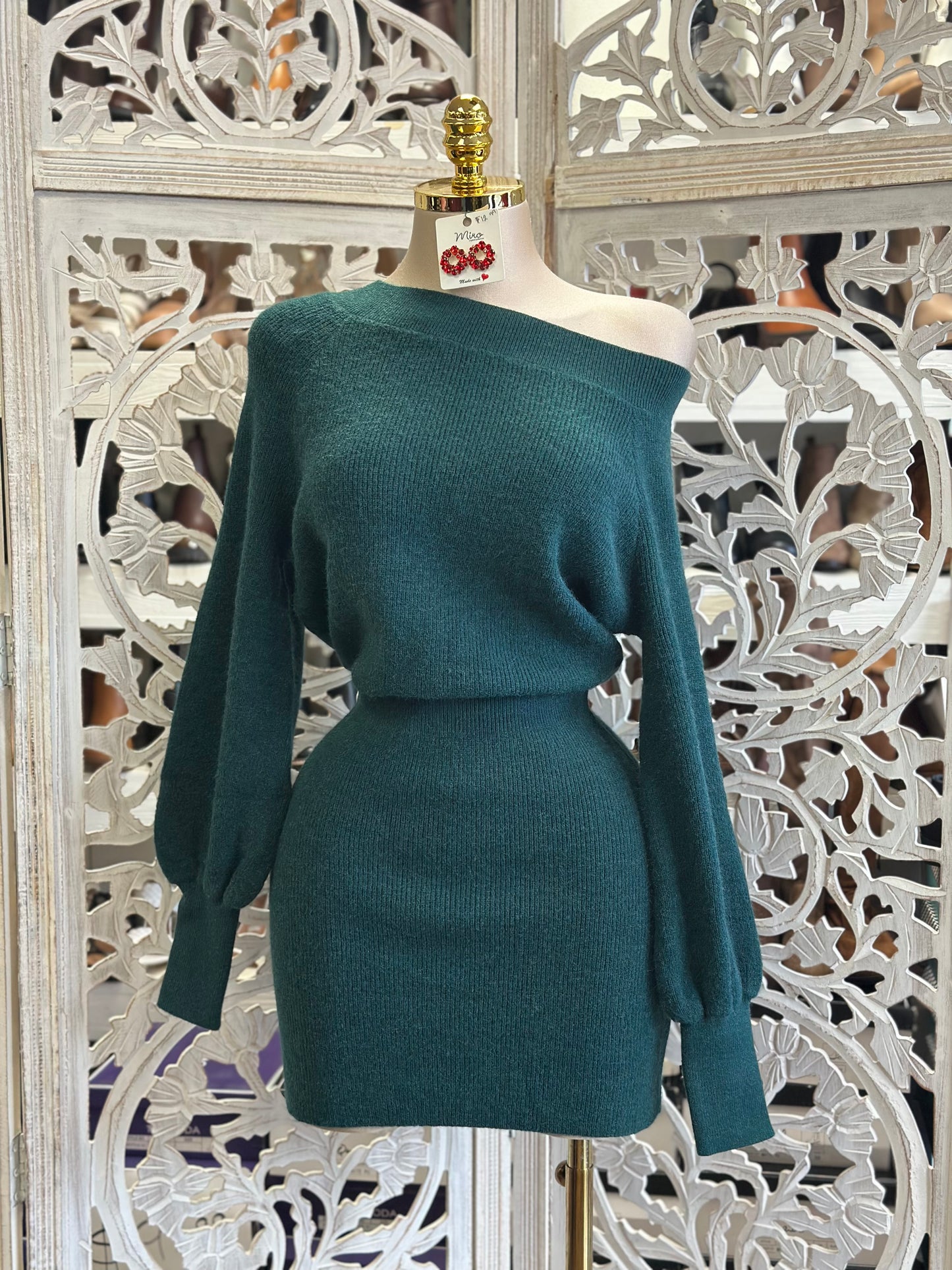 Draped Shoulder Deep Green Dress- Stretchy,Estira