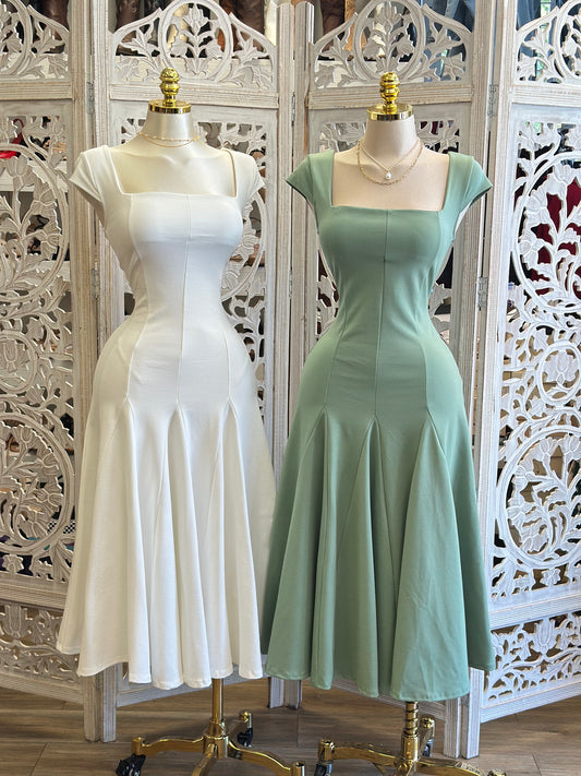 Square Neck Midi Dress- Estira, Stretchy