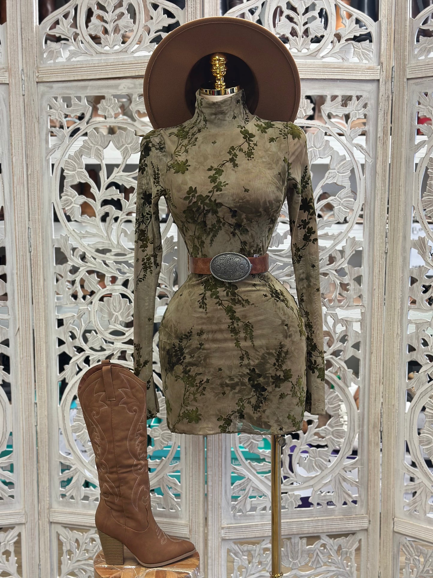 Green Suede Floral Mini Dress- Stretchy,Estira