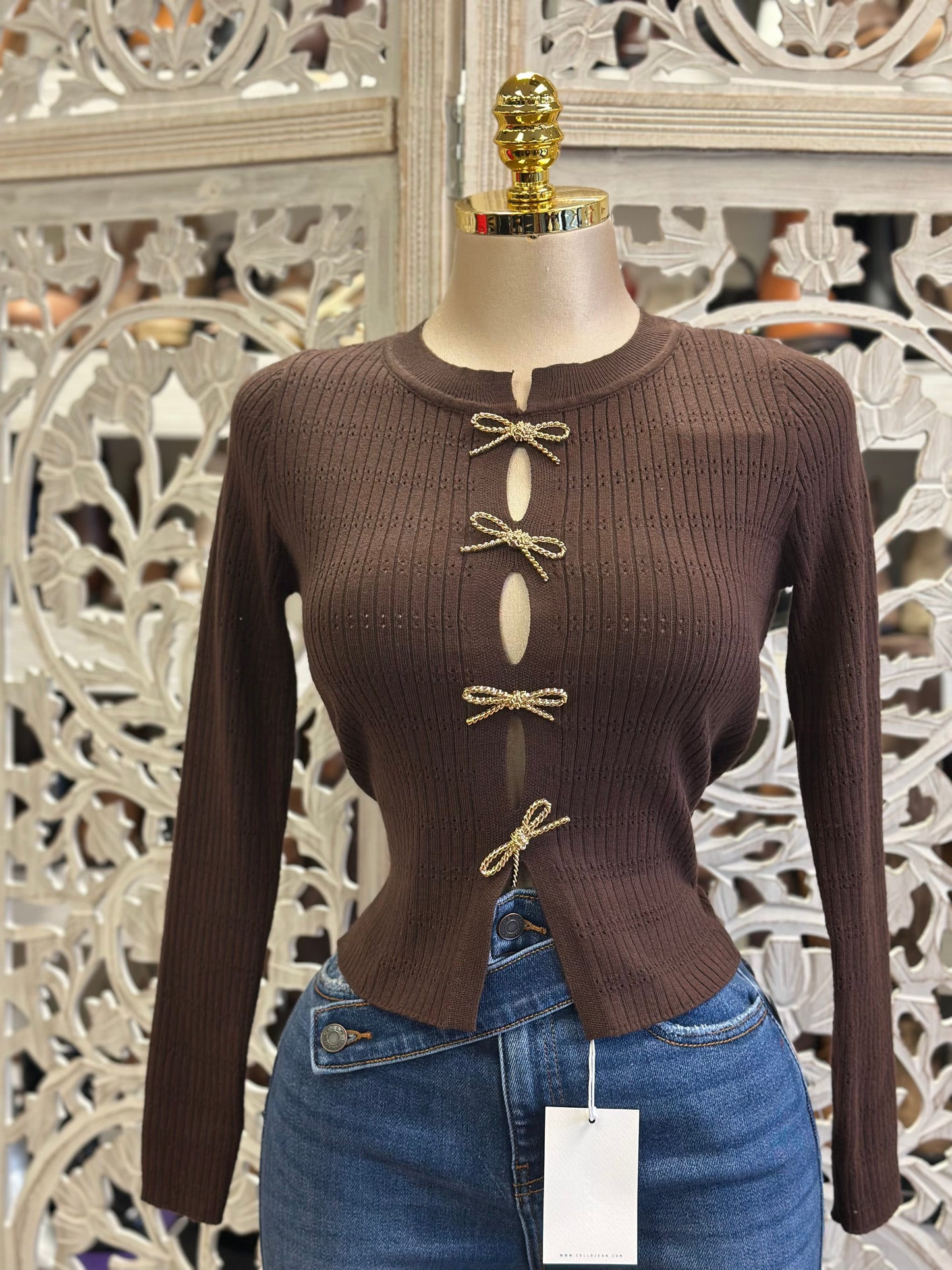 Golden Bow Button Knitted Top- Estira, Stretchy