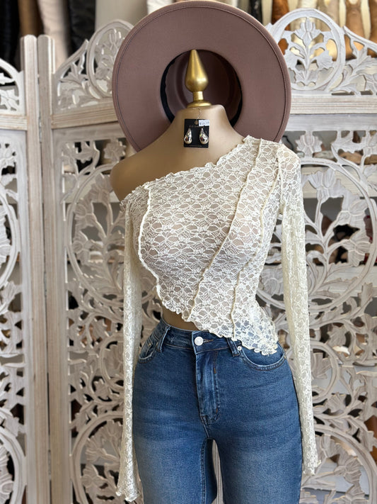 Beige Drop Shoulder Lace Long Sleeve - Stretchy