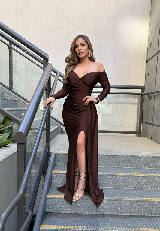 Deep Brown Wrapped Formal Dress- Stretchy,Estira