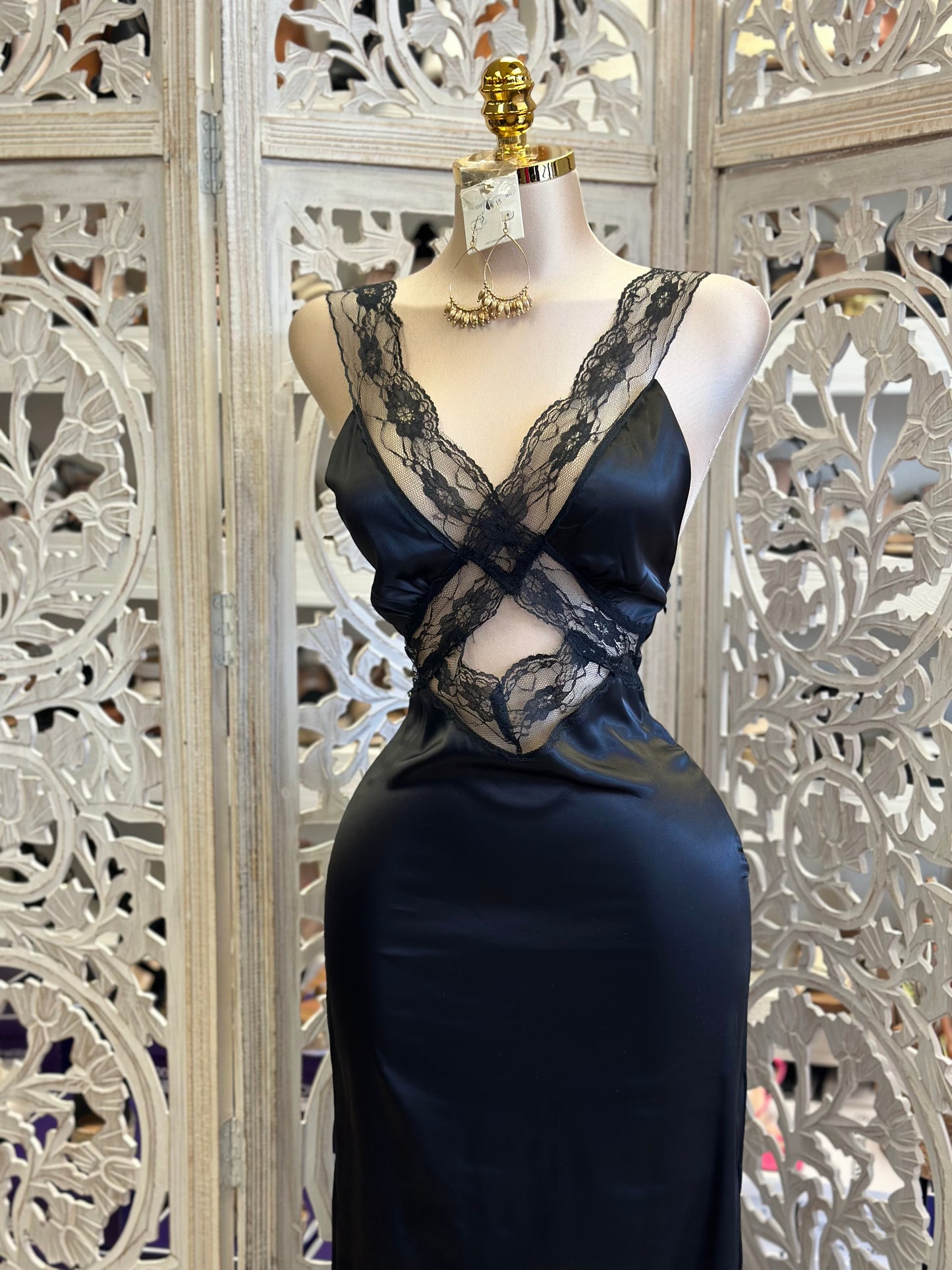 Black Satin Lace Detail Dress - Estira, Stretchy