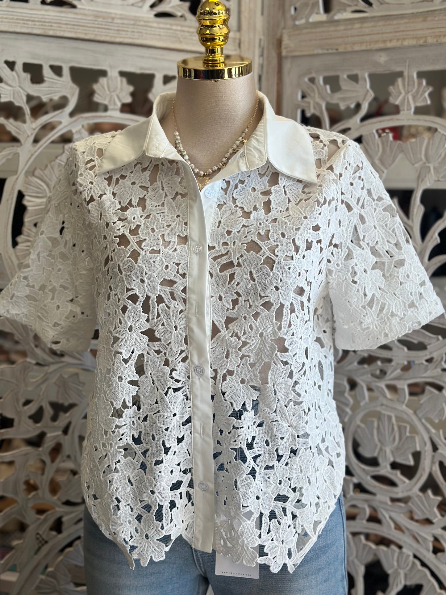 White Floral Button Up Blouse- Estira, Stretchy