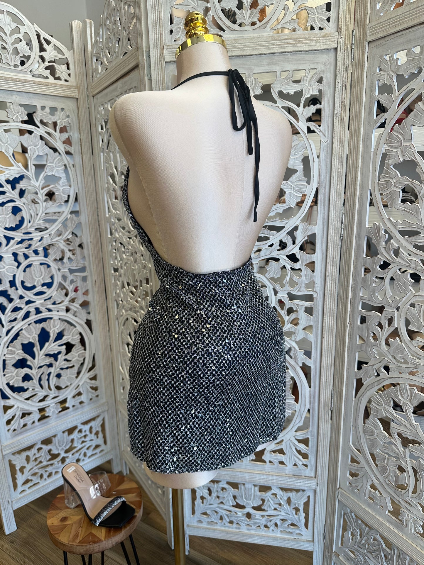 Rhinestone Cowl Neck Mini Dress- Stretchy , Estira