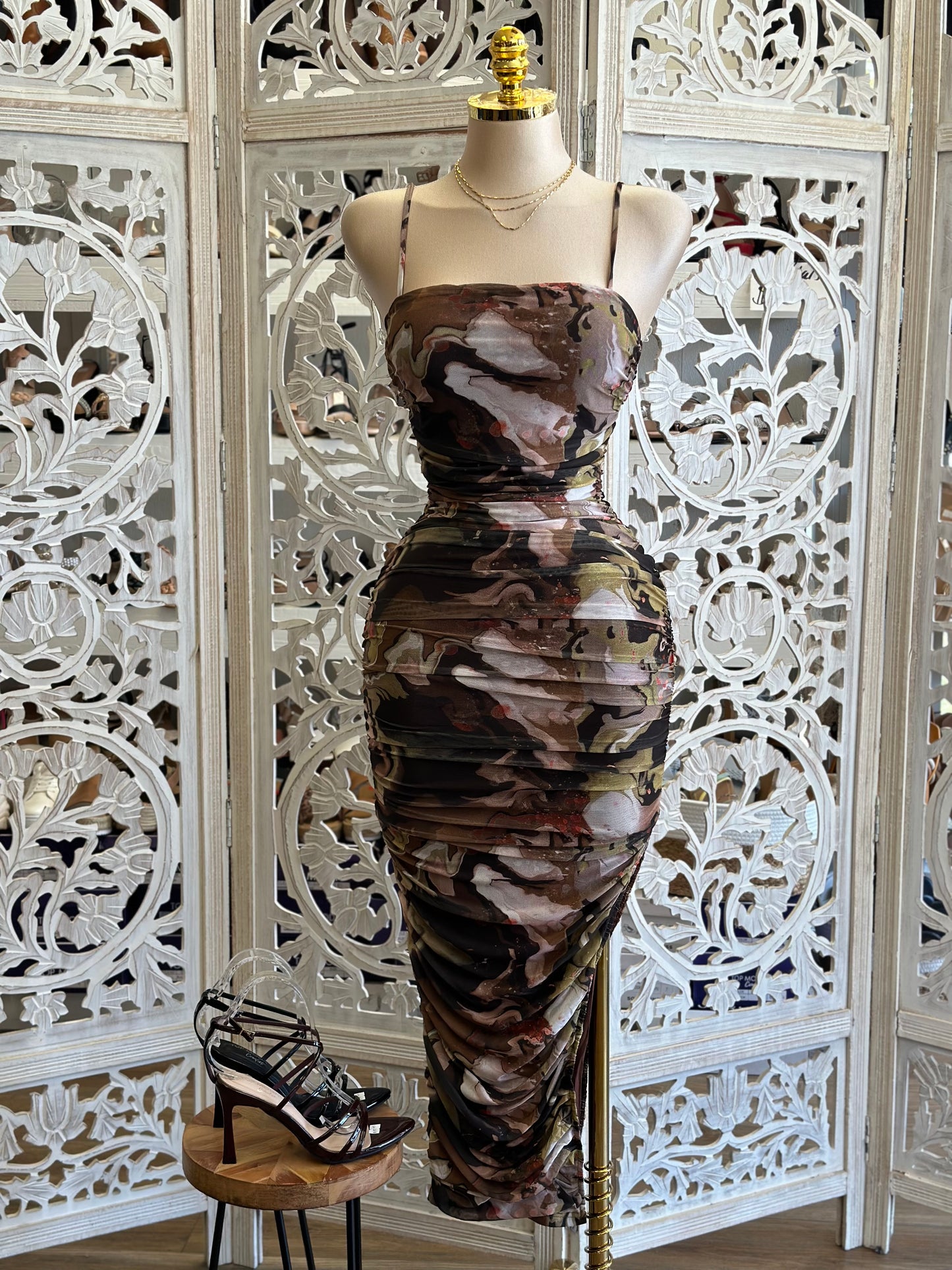 Marble Pattern Mesh Midi Dress - Estira, Stretchy