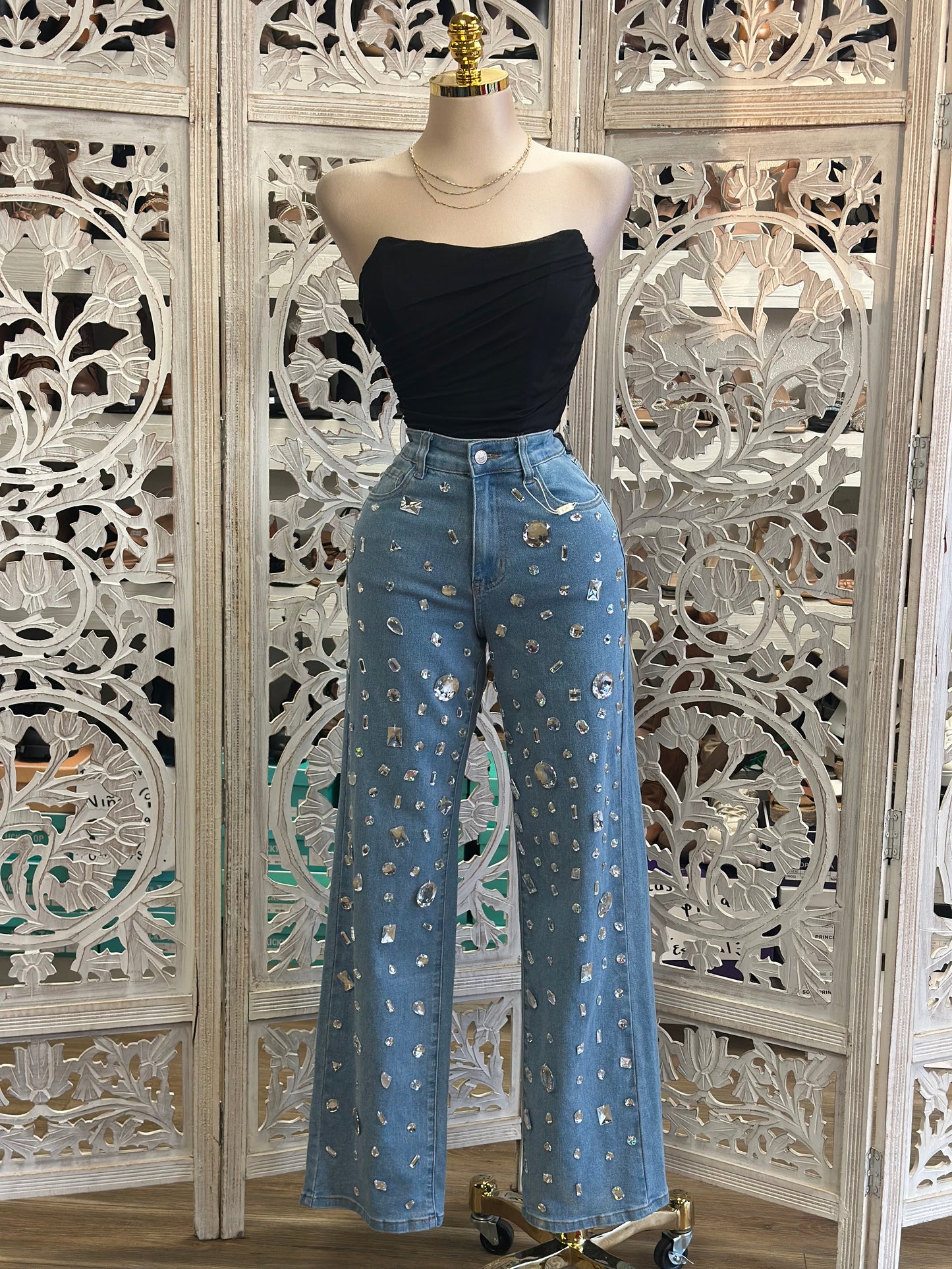 Enlarged Rhinestone Denim Wide Leg Jeans - Stretchy, Estira