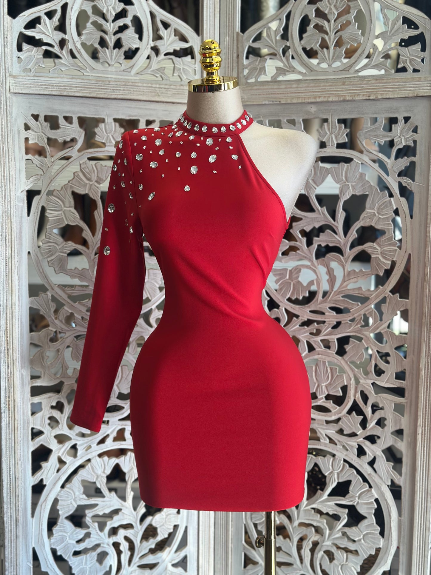 Embellished Red Cutout Mini Dress- Slightly Stretchy,Estira Poco