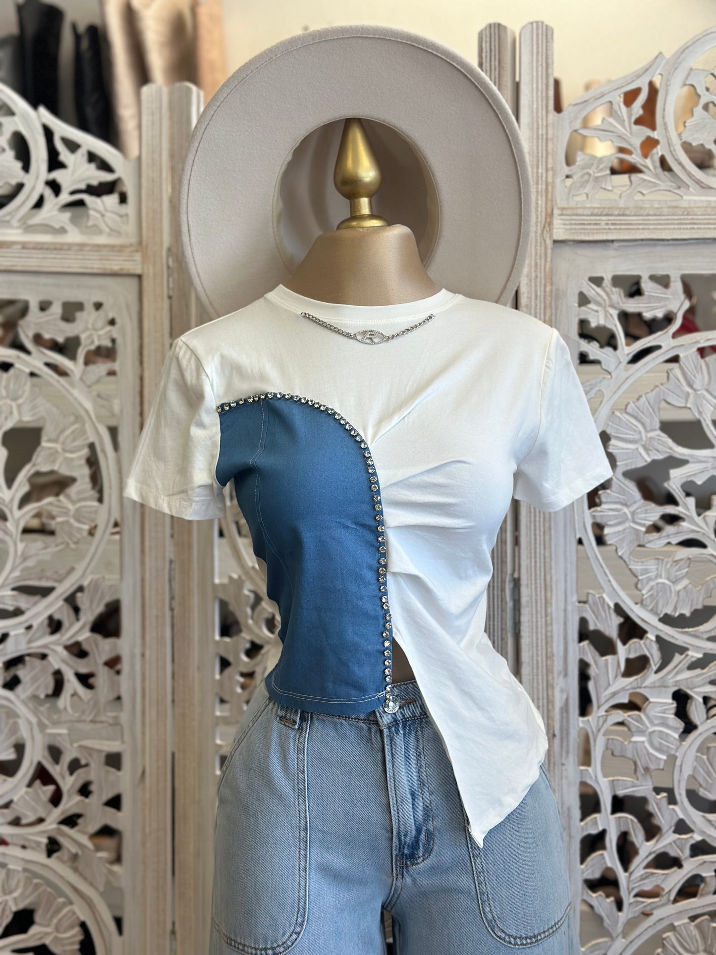 Denim Cutout Split T Shirt - Estira, Stretchy