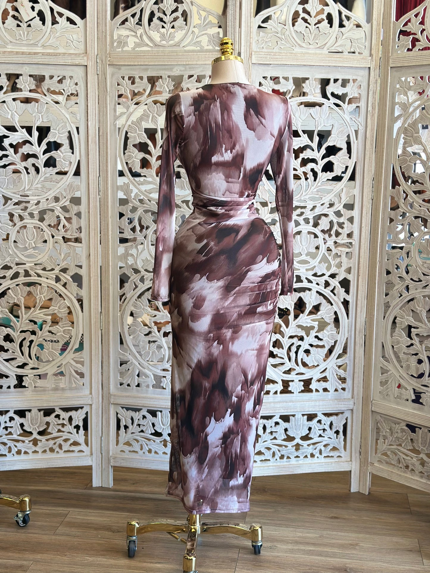 Brushed Pattern Brown Mesh Ruched  Dress- Stretchy,Estira