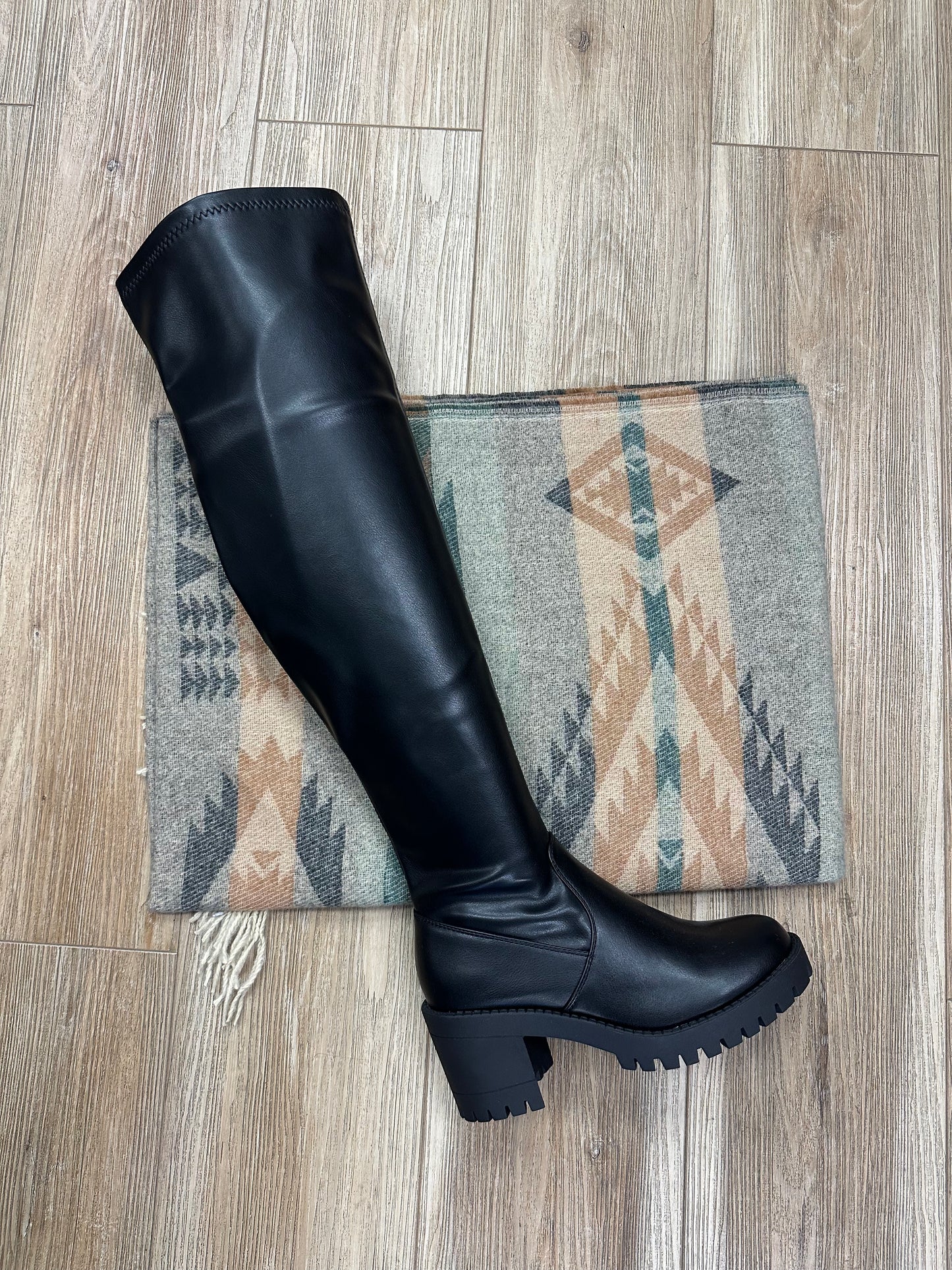 Black Faux Leather Thick Heeled Long Boot