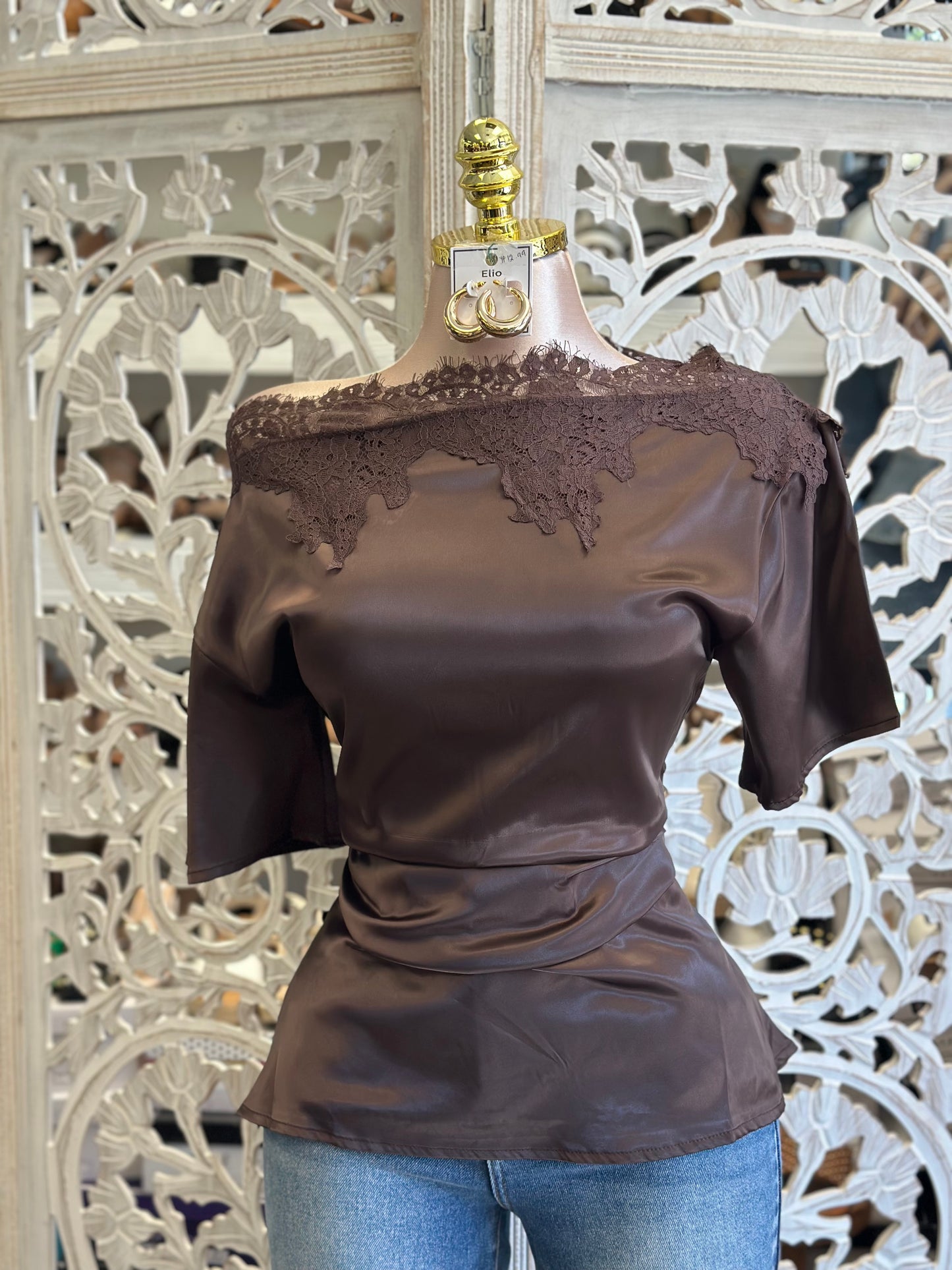 Brown Boatneck Lace Blouse