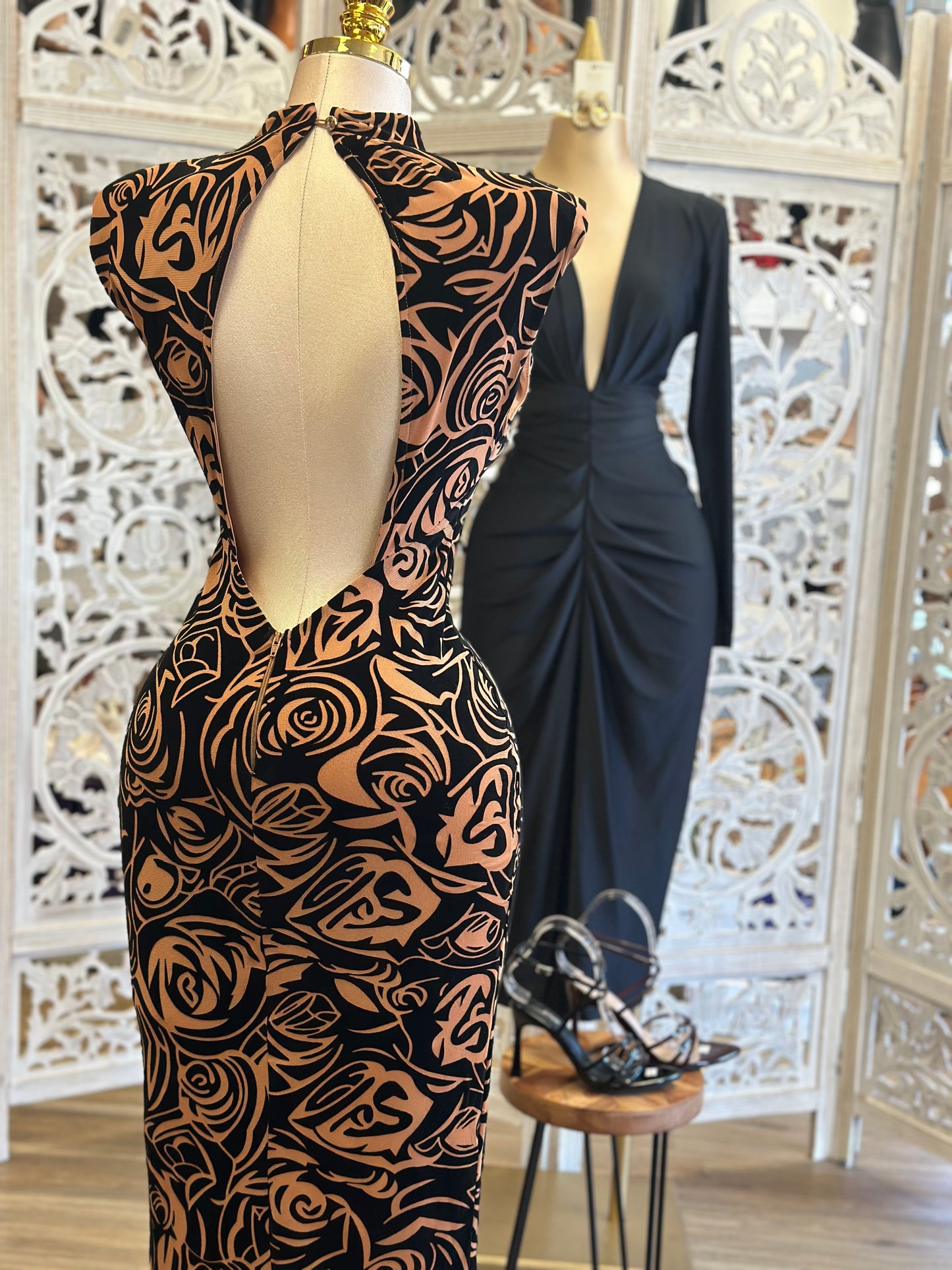 Mock Neck Rose Pattern Maxi Dress - Estira, Stretchy
