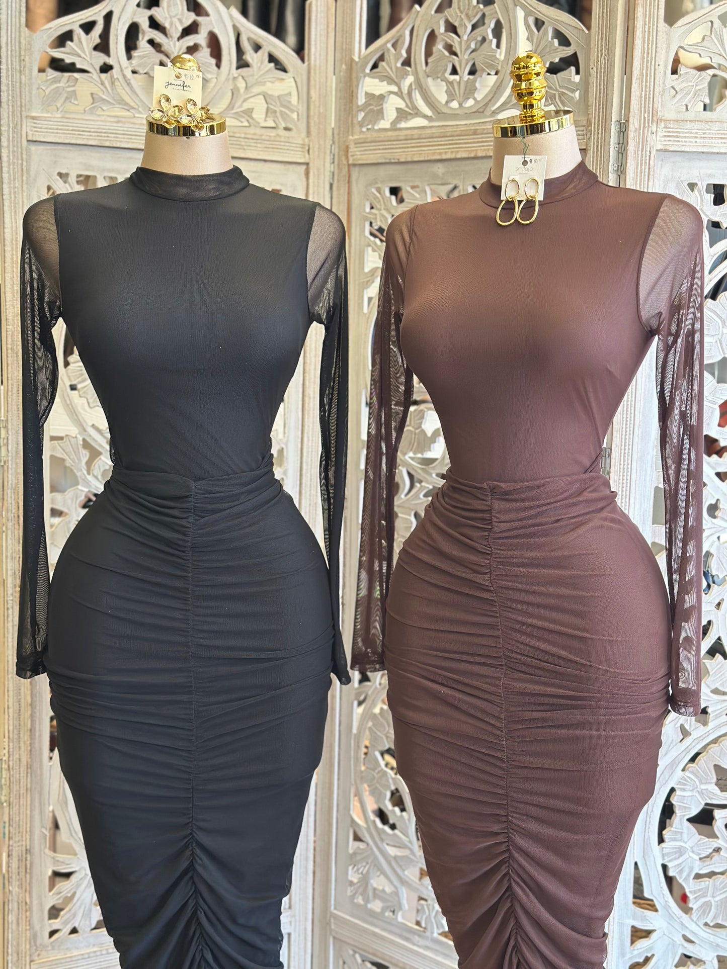 Mesh Embroidered Sleeve Ruched Dress- Stretchy,Estira