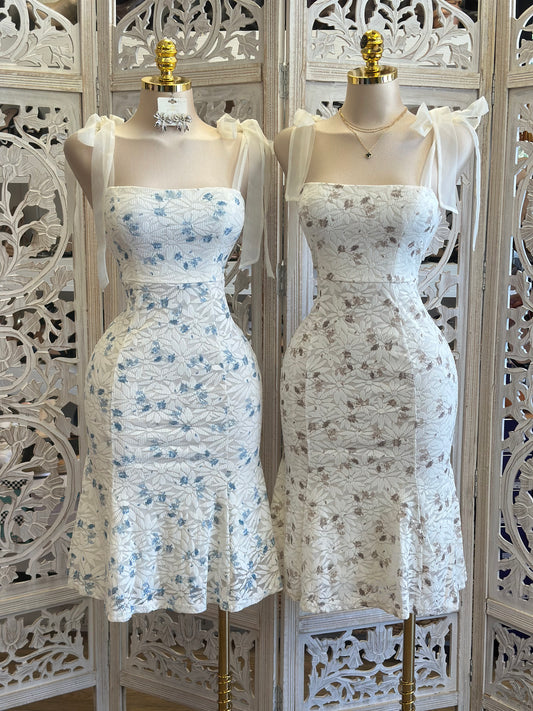 Lace Ribbon Strap Floral Midi Fitted Dress - Estira, Stretchy