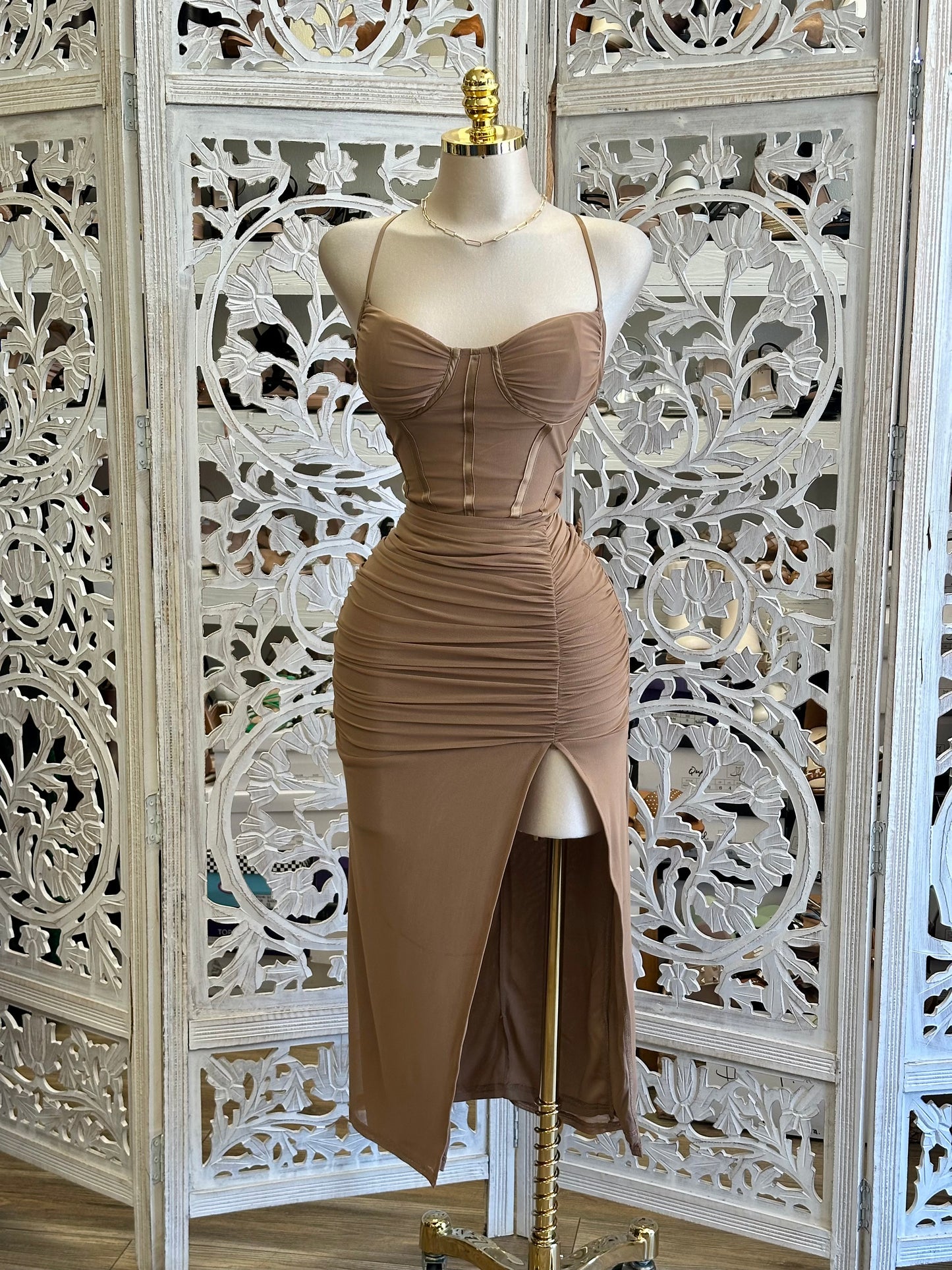 Brown Satin Lined Halter Corset Dress-Estira Stretchy