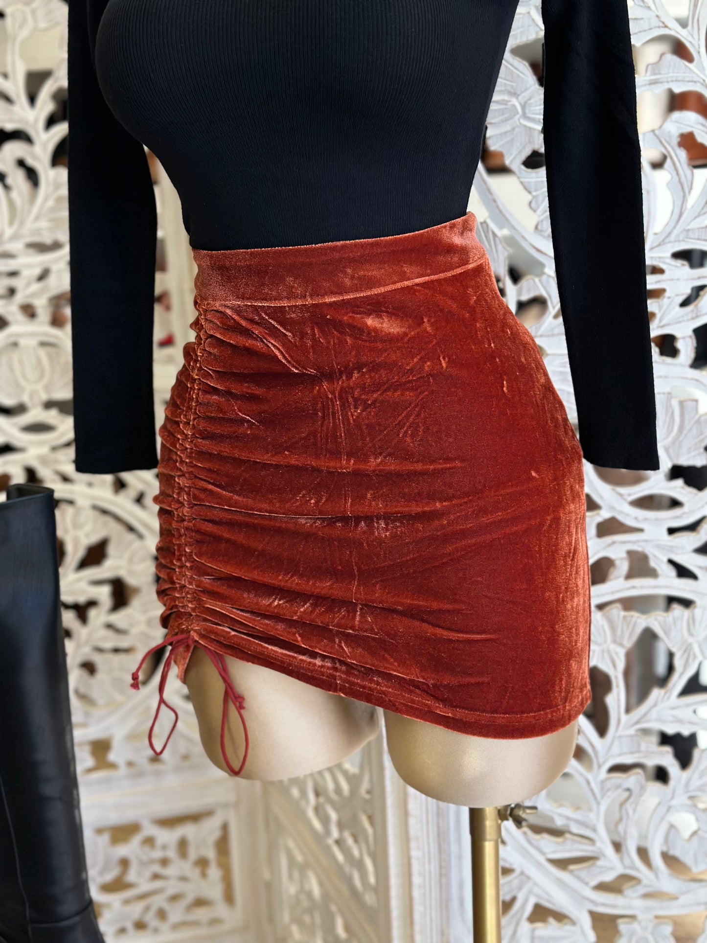 Copper Velvet Ruched Mini Skirt