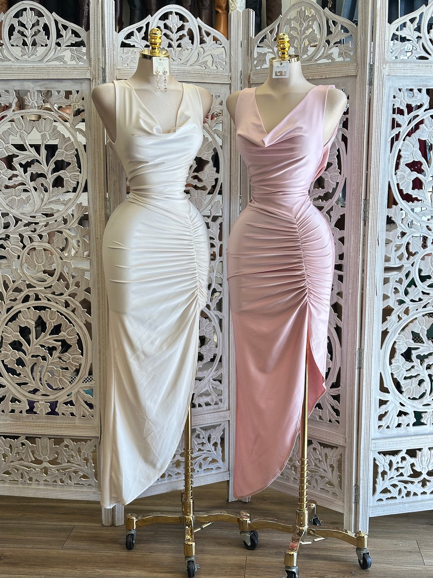 Cowl Neck Ruched Dress- Stretchy,Estira