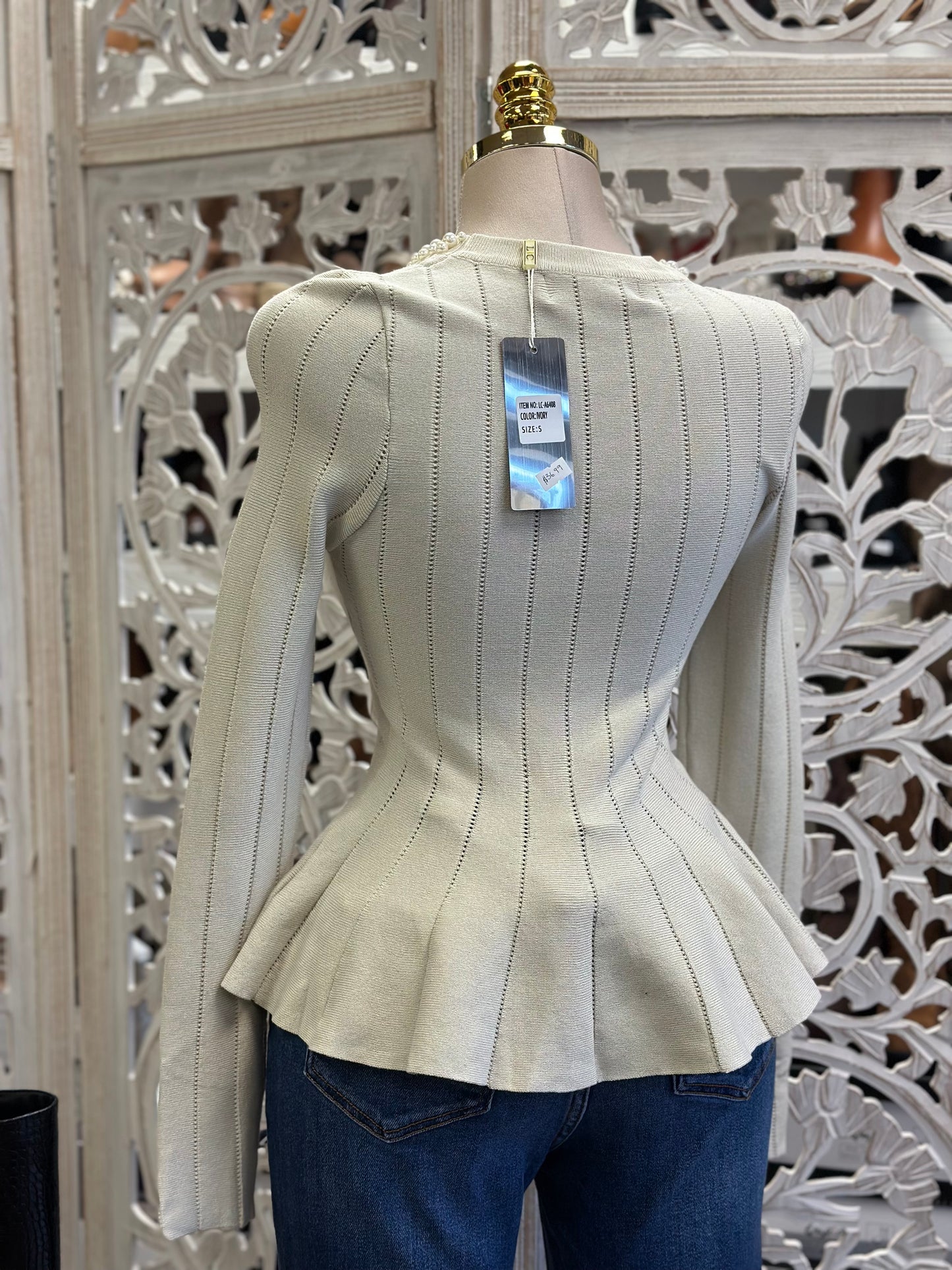 Knitted Cream Pearl Top- Estira, Stretchy