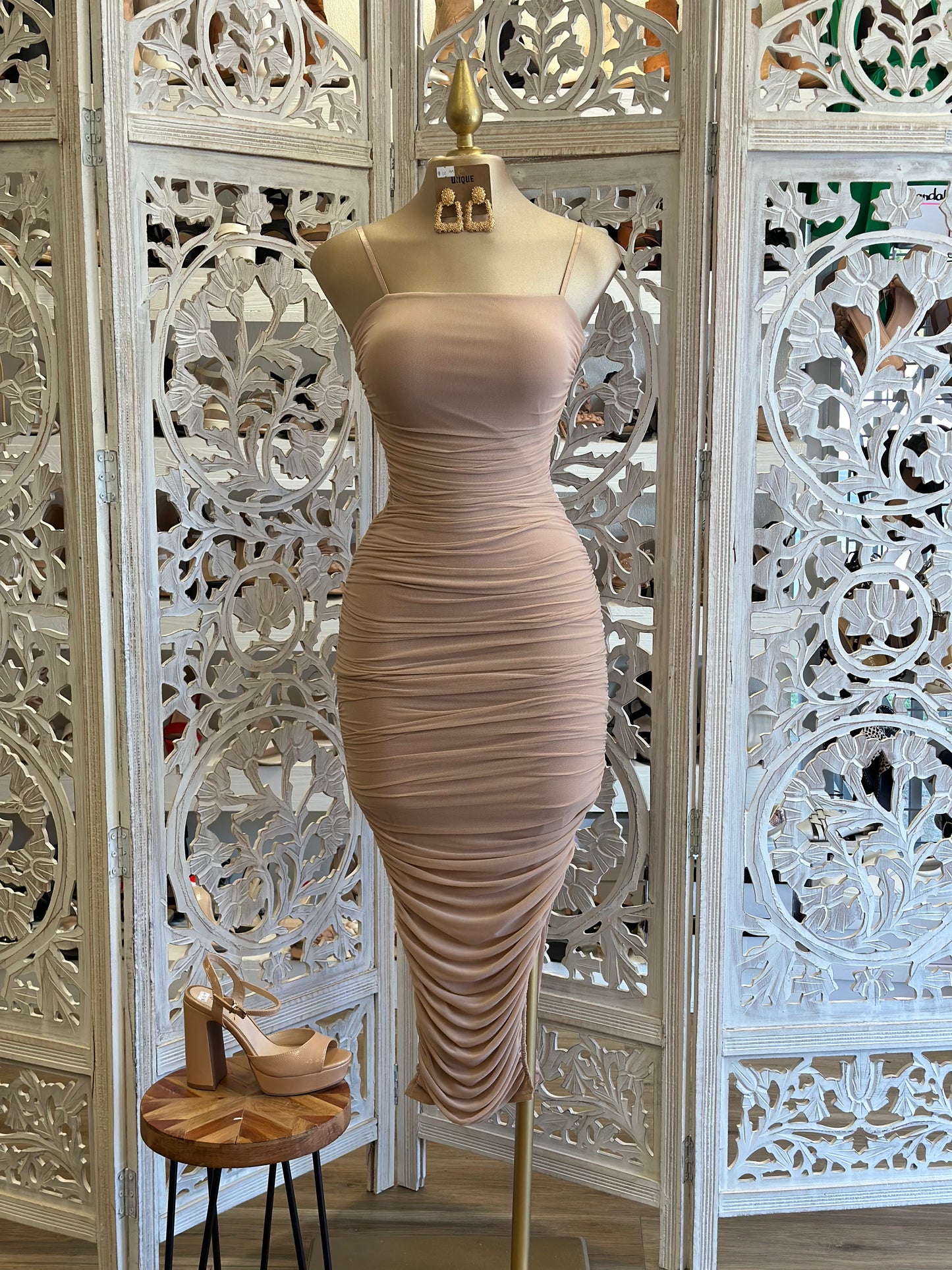 Beige Midi Ruched Dress