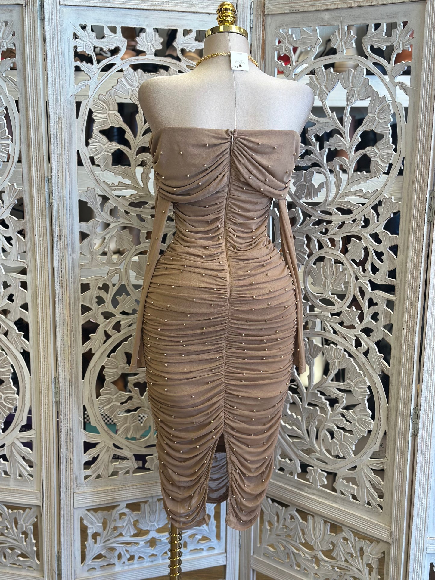 Embellished Brown Ruched Midi Dress-Estira, Stretchy